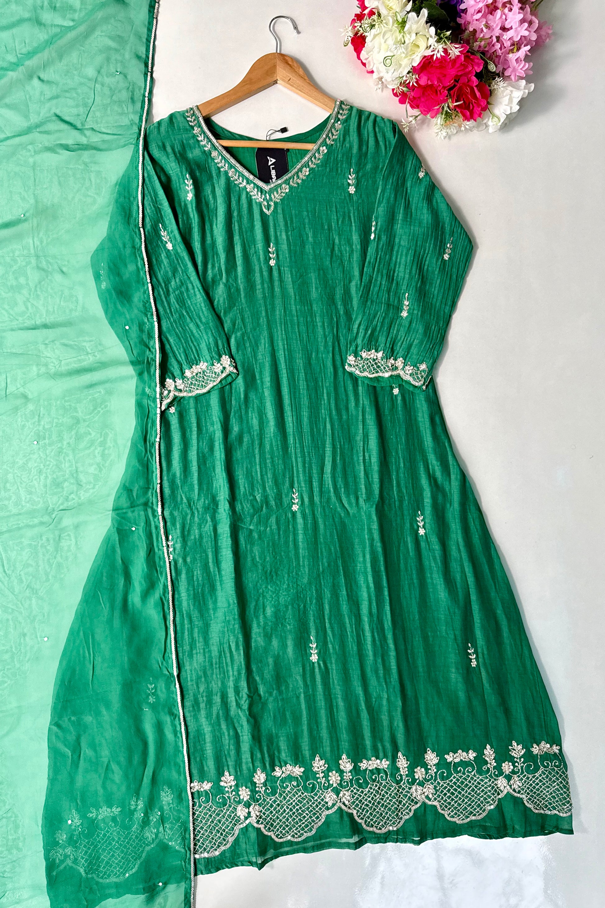 ✨”Eshal - Premium Green Mul Chanderi A-Line Kurta Set
