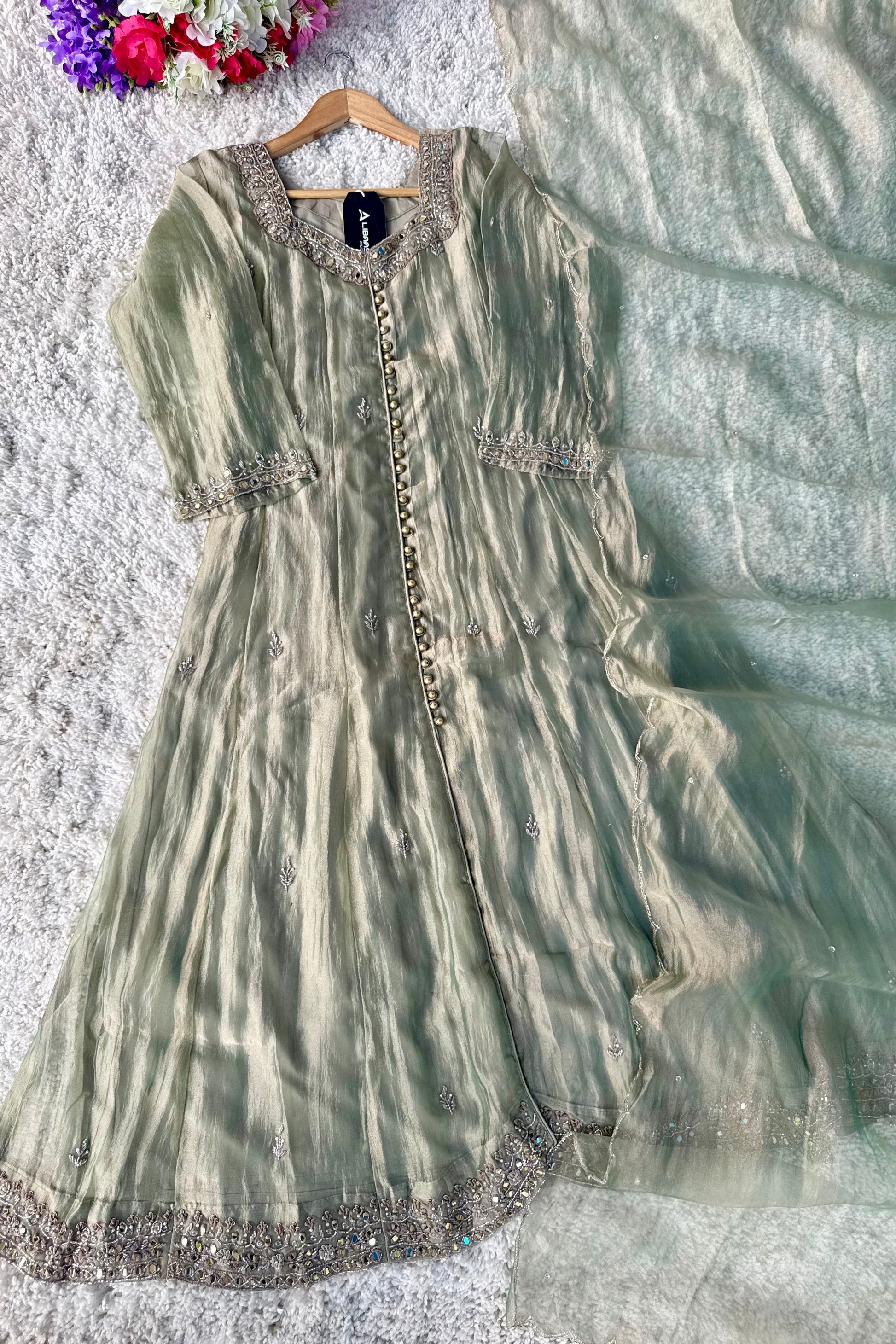 ✨Aiyana- Crushed Tissue Heavy Handwork Anarkali Suit