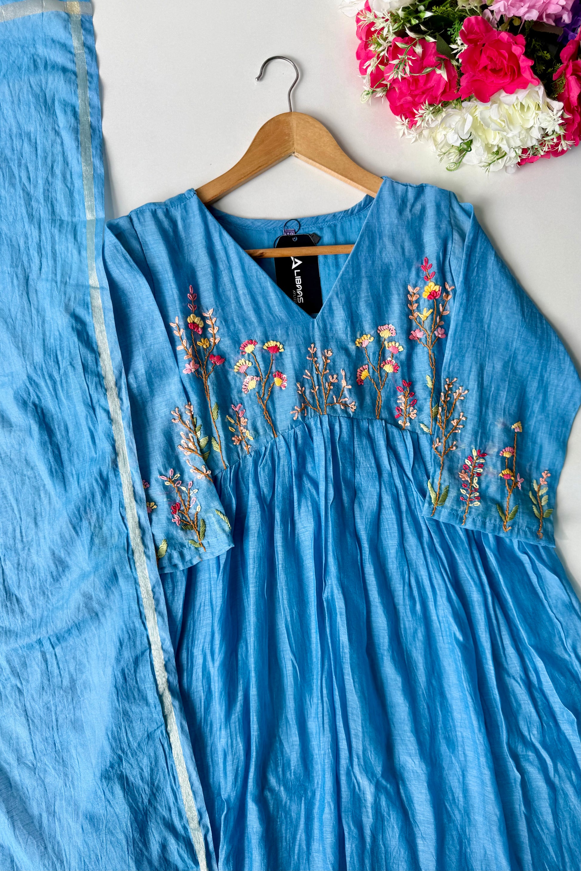 💙AYRA- Azure Blue Mul Chanderi Thread Work Anarkali Kurta Set