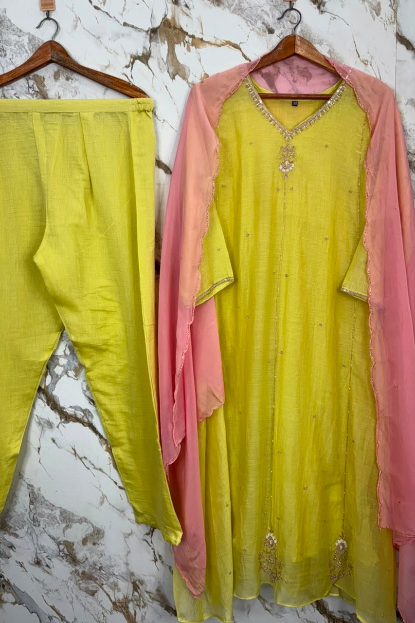 🛍️ Chandni - Lime Green Mul Chanderi A Line Suit set