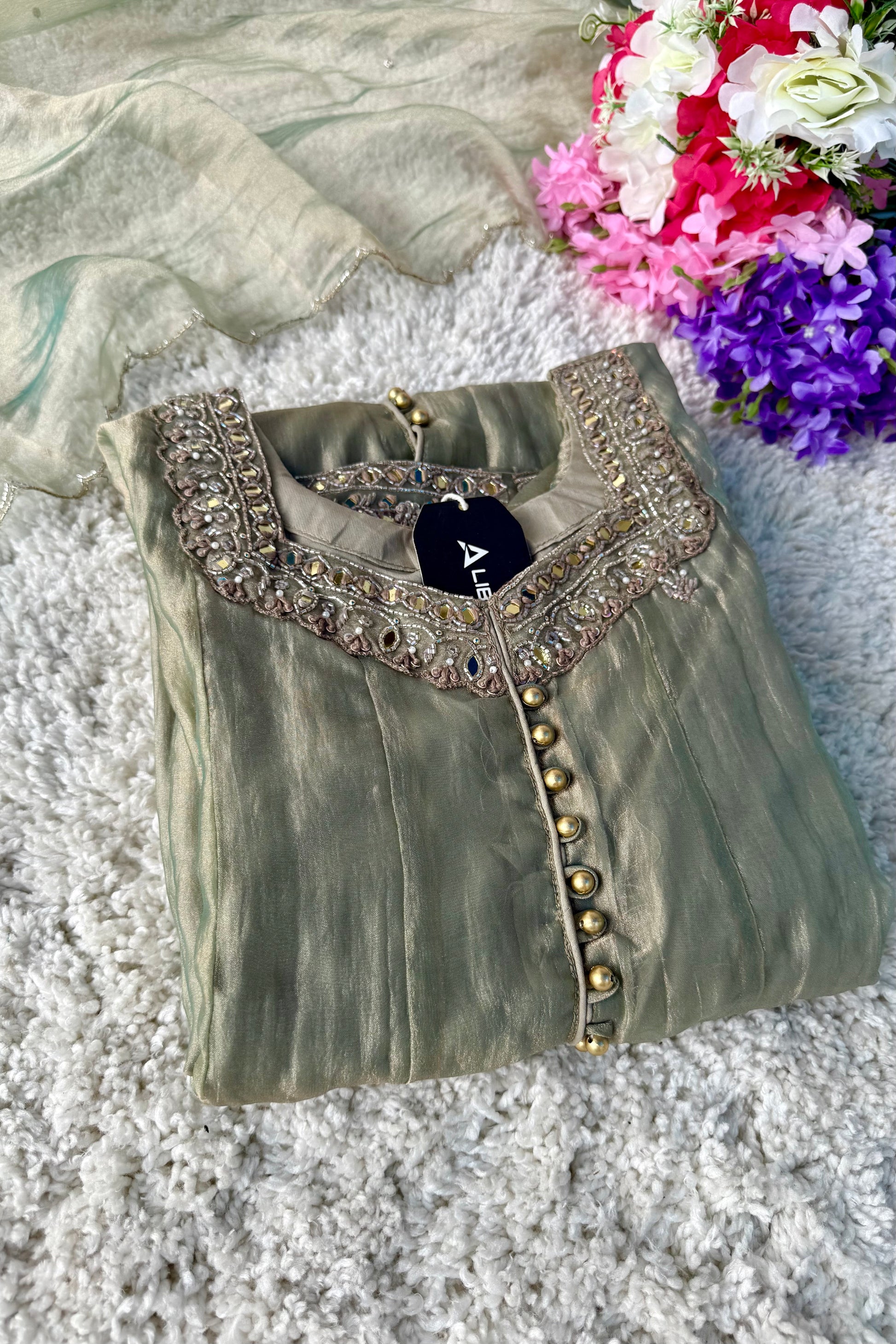 ✨Aiyana- Crushed Tissue Heavy Handwork Anarkali Suit