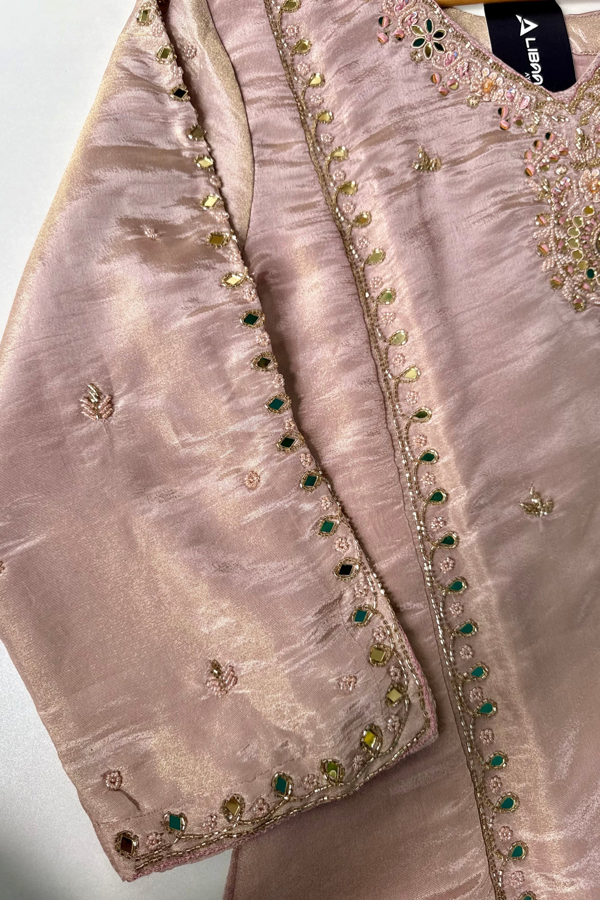 ✨Pearl – Premium Blush Mirror Work Tissue A Line Kurta Set