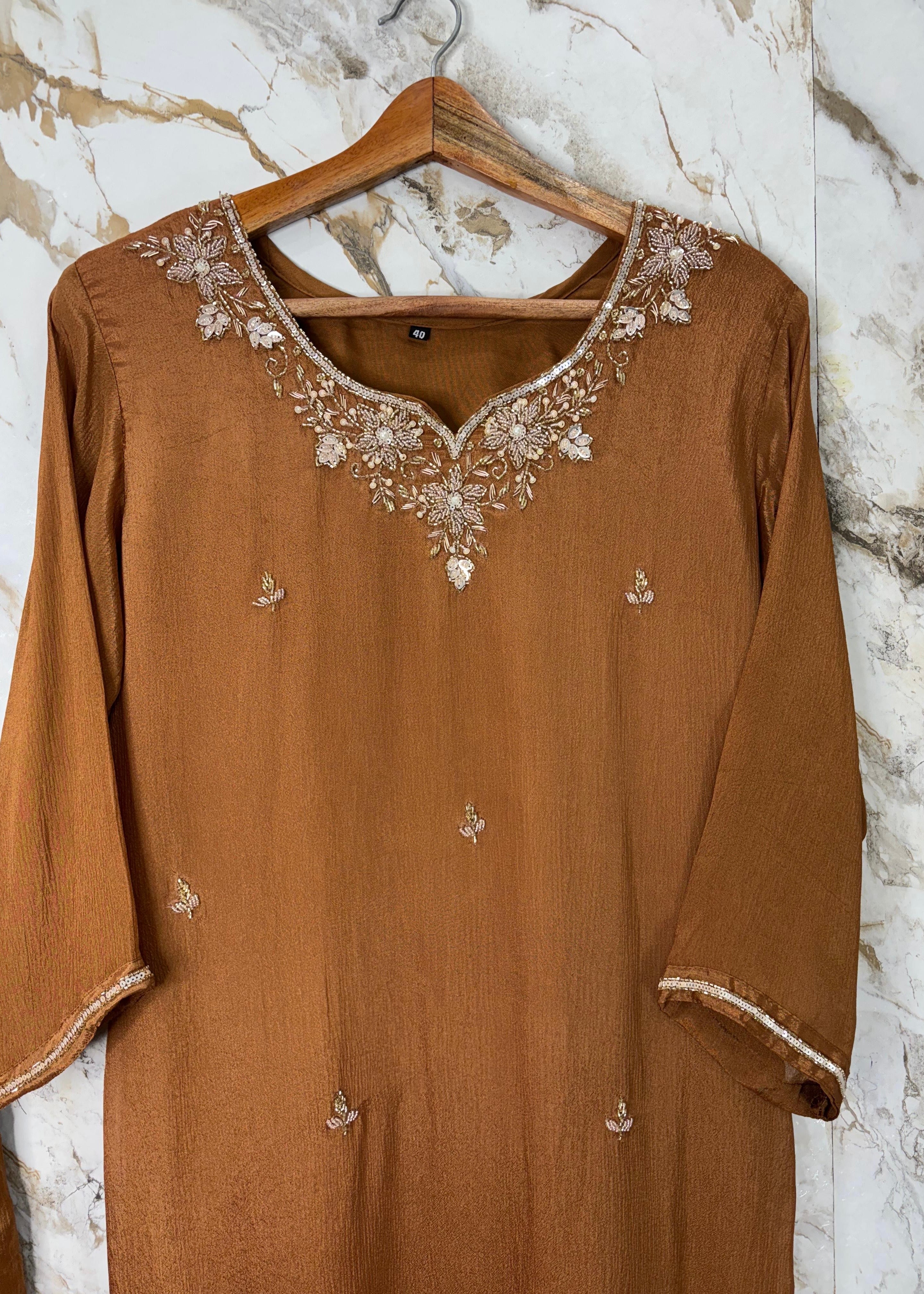 ✨ “Aaliya – Premium Caramel Brown Chinnon handwork straight kurta set