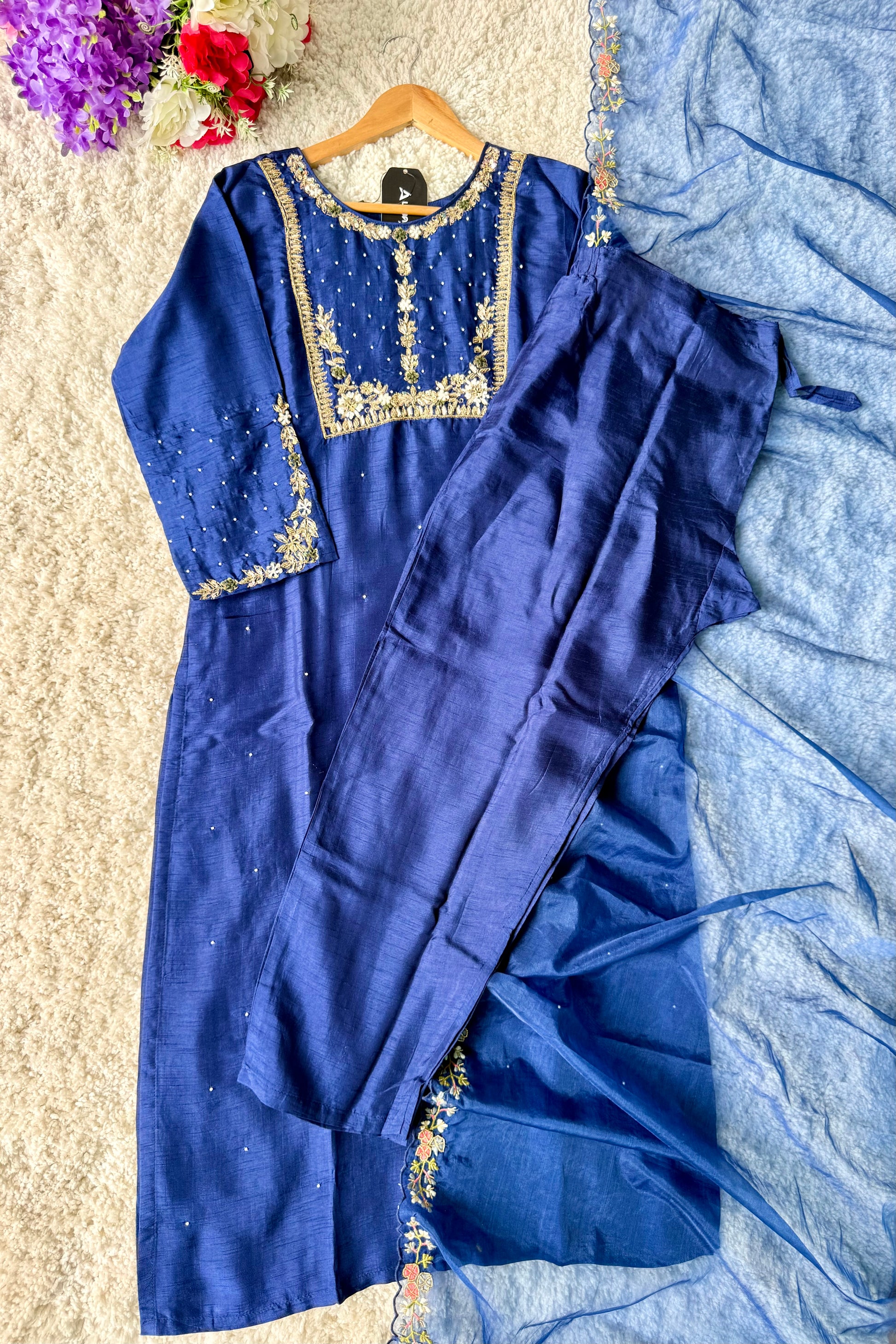 “ALKA” A very beautiful Blue piece with zardozi & zari handwork set