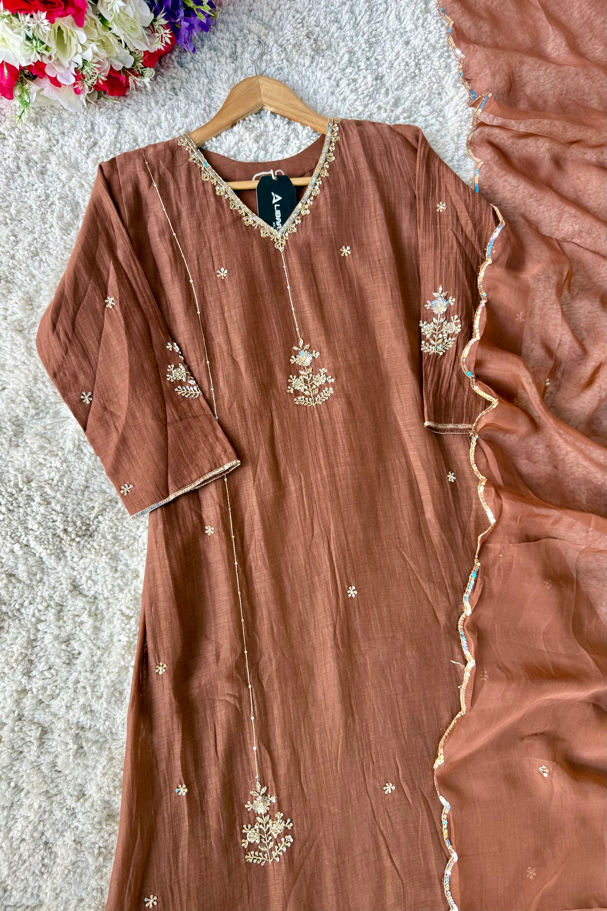 ”Grace- Premium Rich Brown Mul Chanderi Kurta Set 🛍️