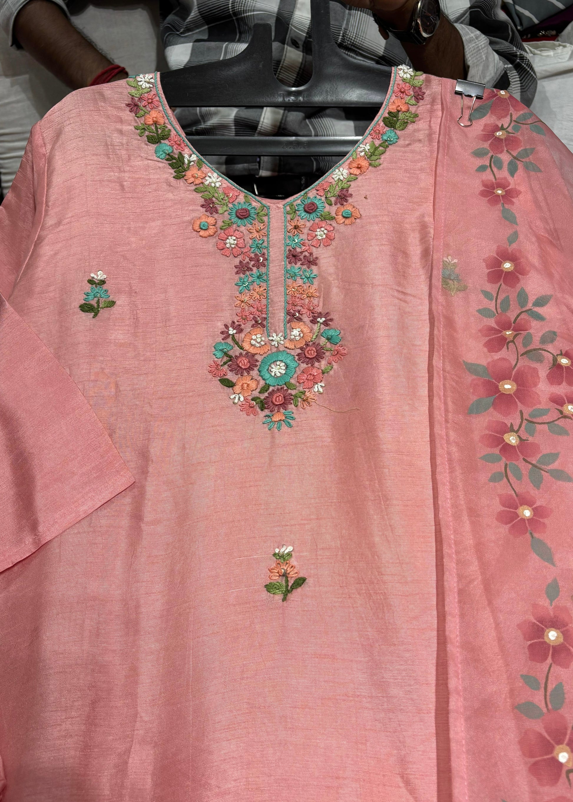 “Laya” Dola Silk Embroidered Suit Set with Printed Organza Dupatta