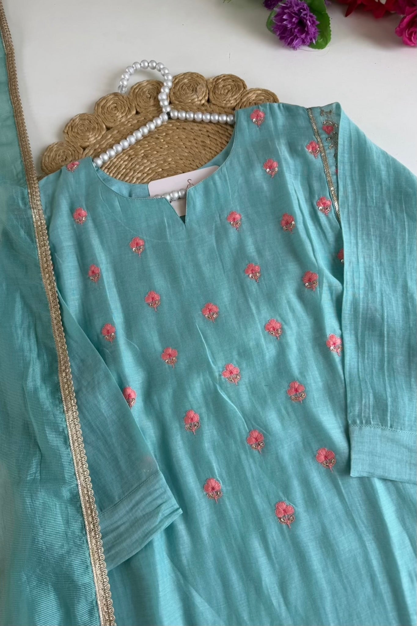 🛍️”Delilah – Premium Aqua Green Mul Chanderi A Line Kurta Set