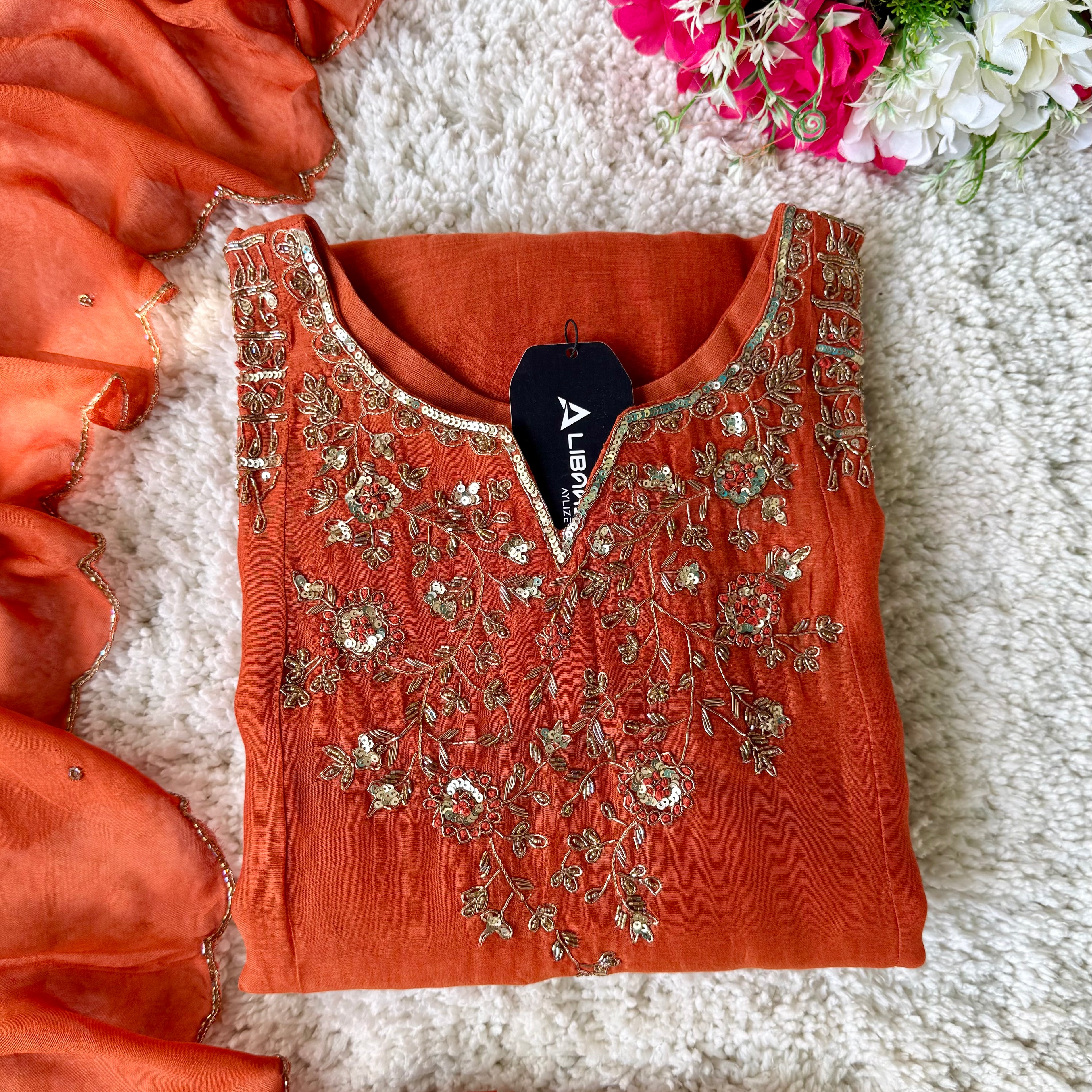 ✨Daisy - Premium Ornage Mul Chanderi A-Line Anarkali Kurta set