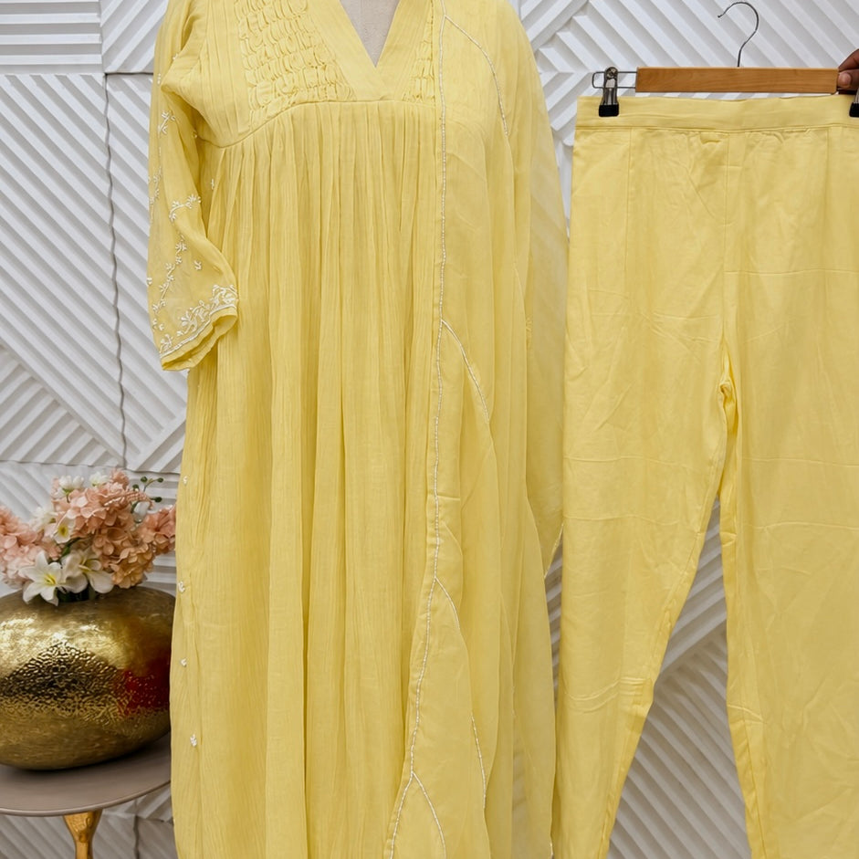 ✨Umang- Pre Book Premium Yellow Mul Chanderi Anarkali Kurta Set