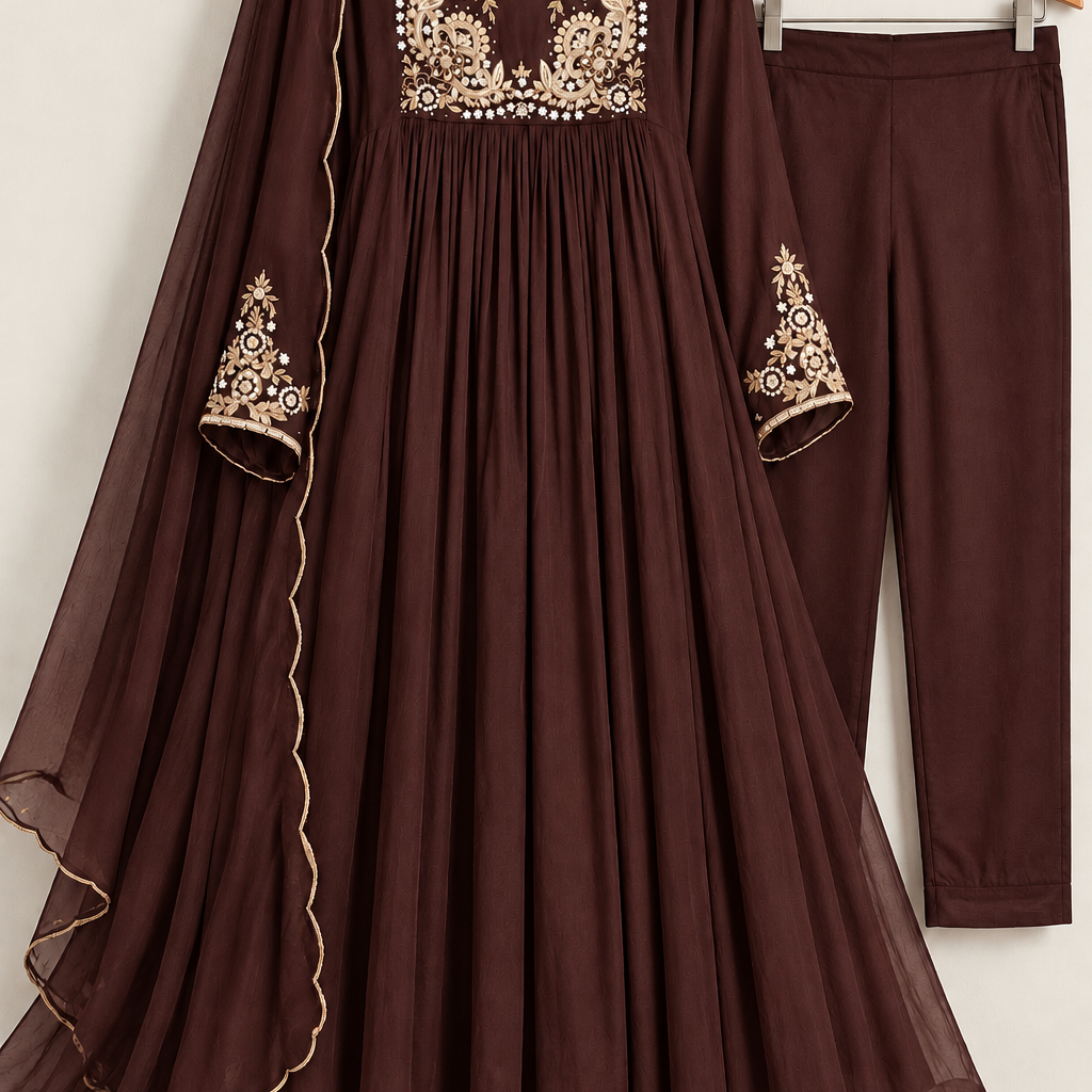“Saanvi” Brown Chinon Anarkali Kurti Pant With Dupatta Set