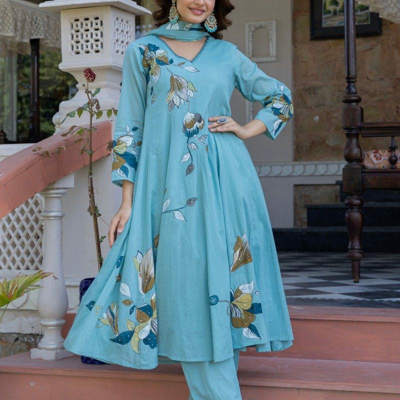 “Zoey” Premium Mulmul Hand brush print Anarkali suit