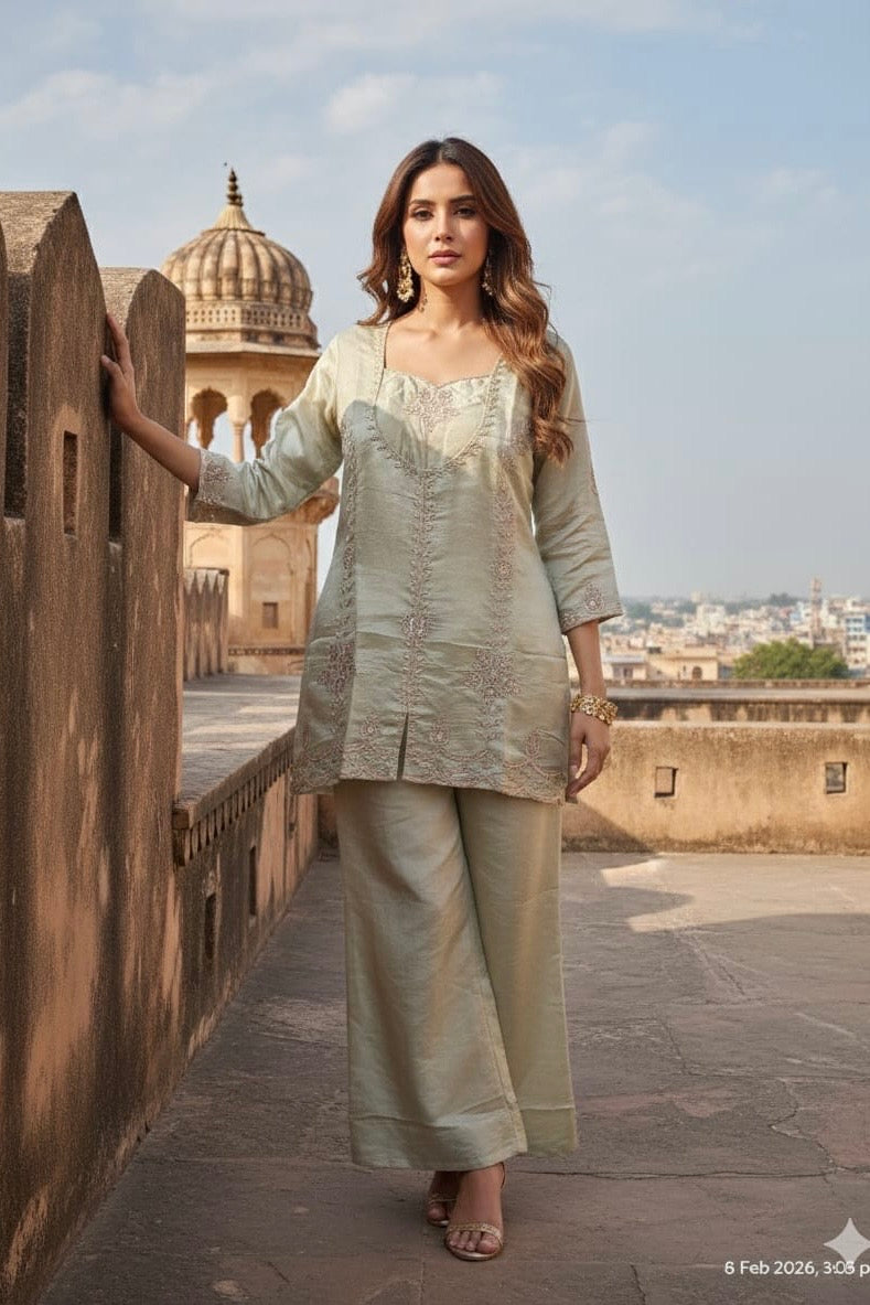 Zarah - Shimmer Tissue Short Kurta Bottom set