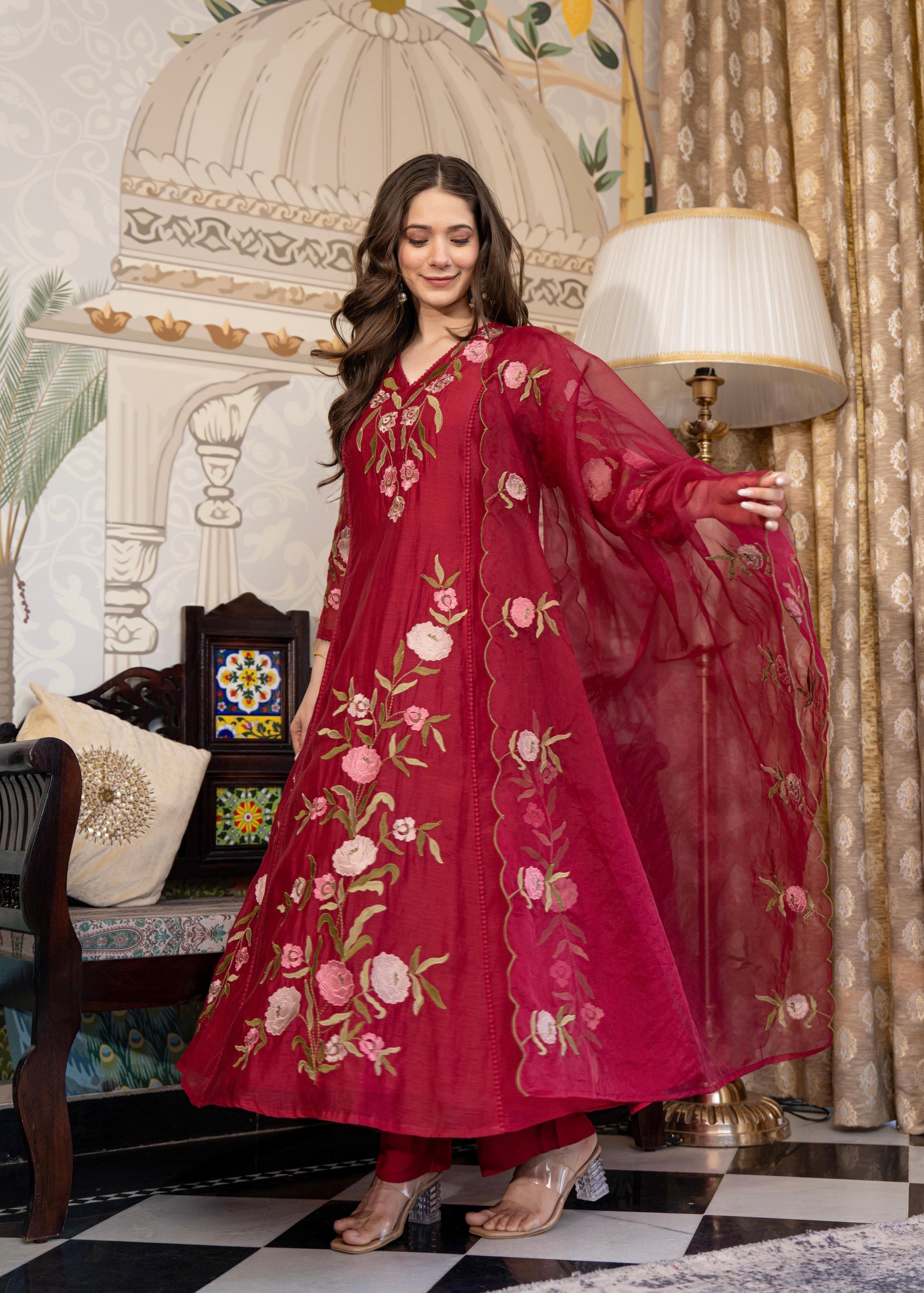 “ROSE” Premium embroidered Mul chanderi anarkali suit set