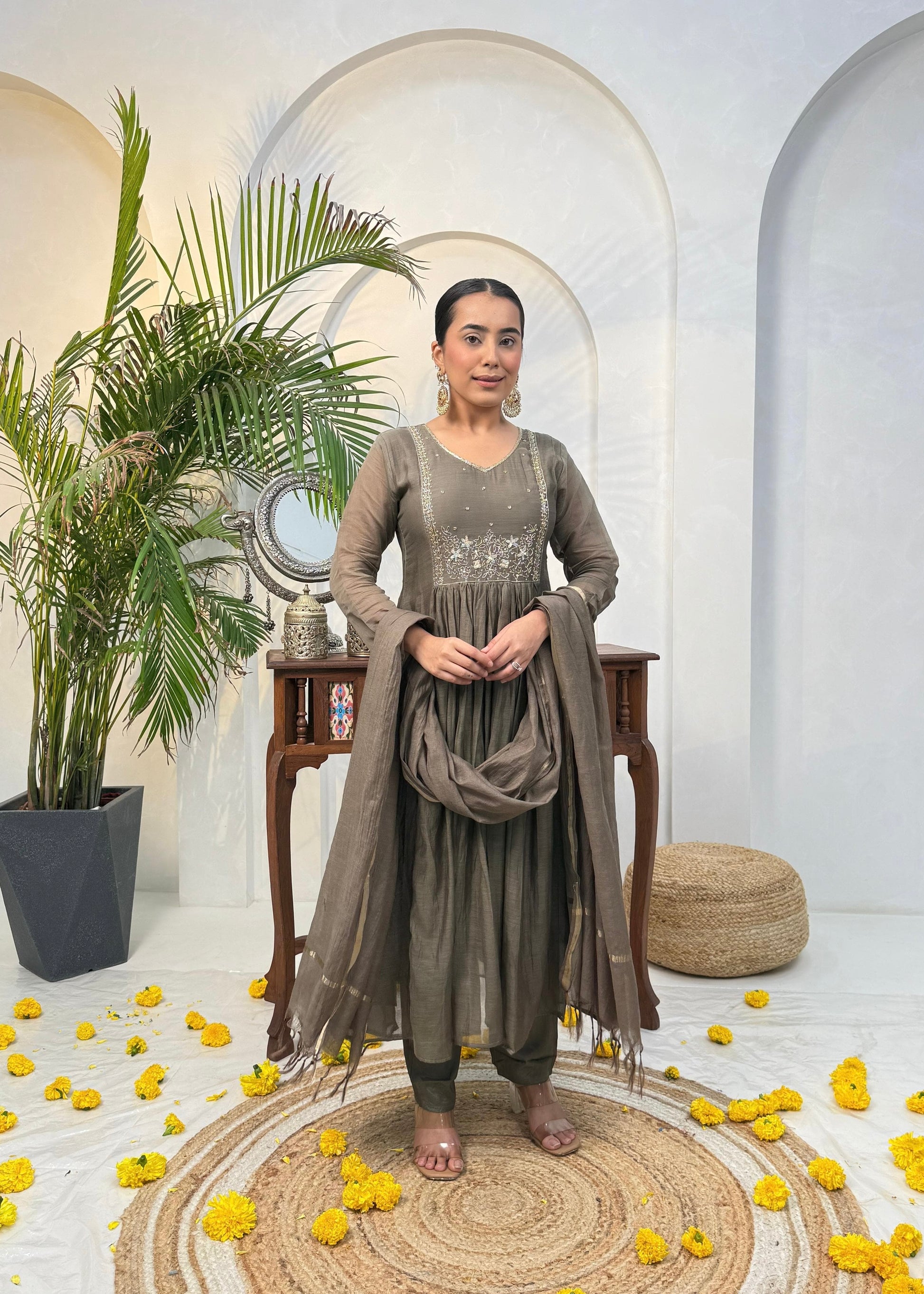“Eiryan” Olive Brown Mul Chanderi Handwork Anarkali suit set