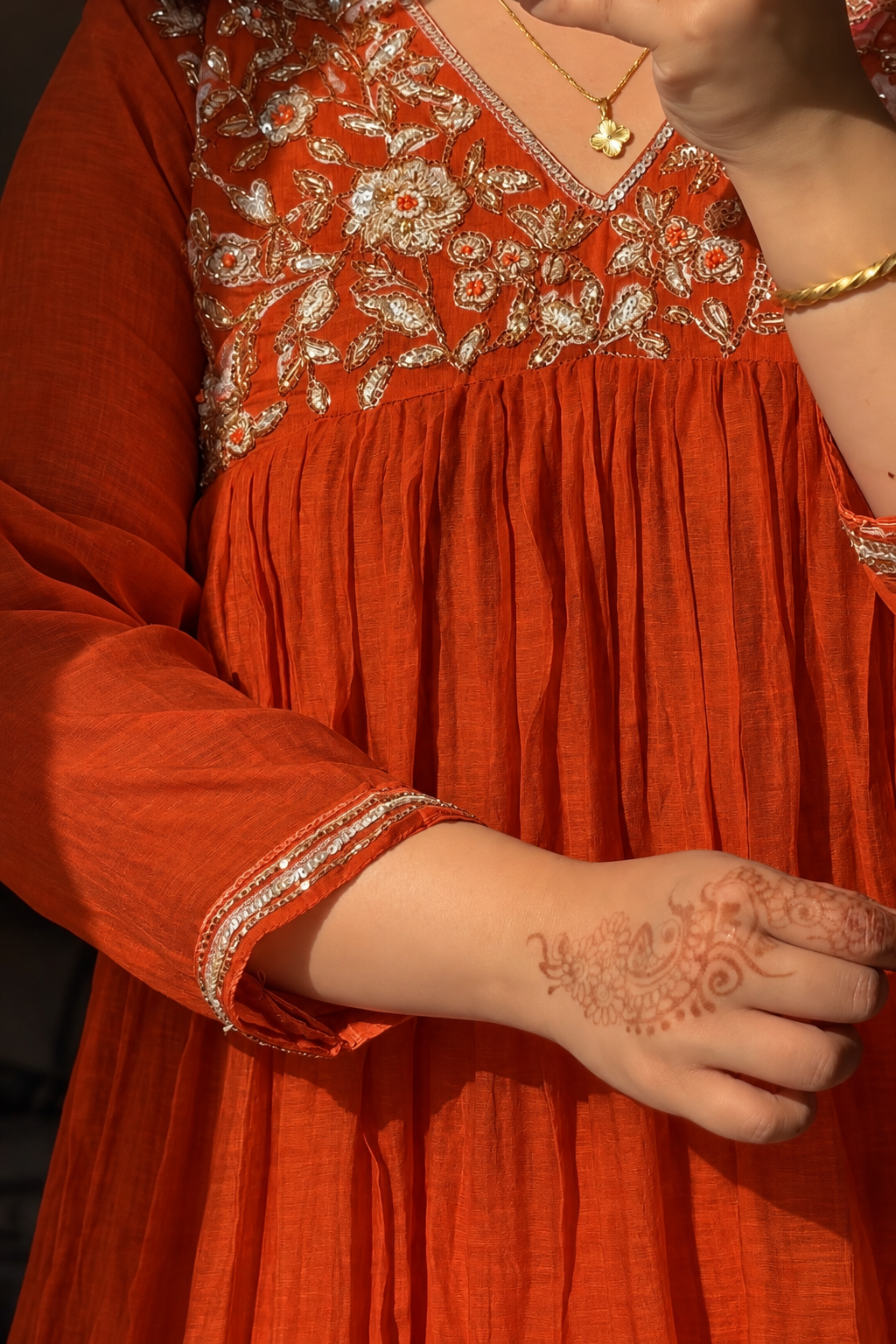 ✨”Mahek-Rust Orange Mul Chanderi A-Line Kurta Set✨