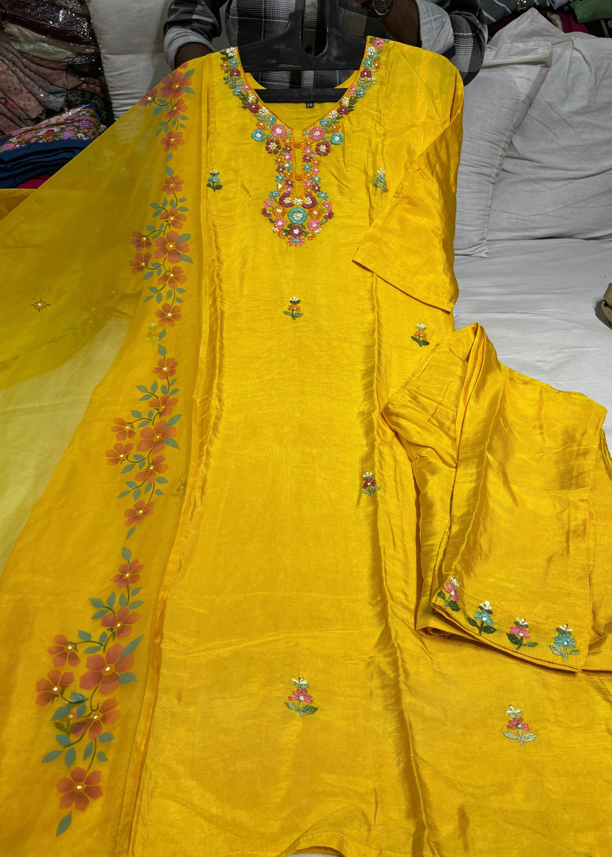 “Laya” Dola Silk Embroidered Suit Set with Printed Organza Dupatta