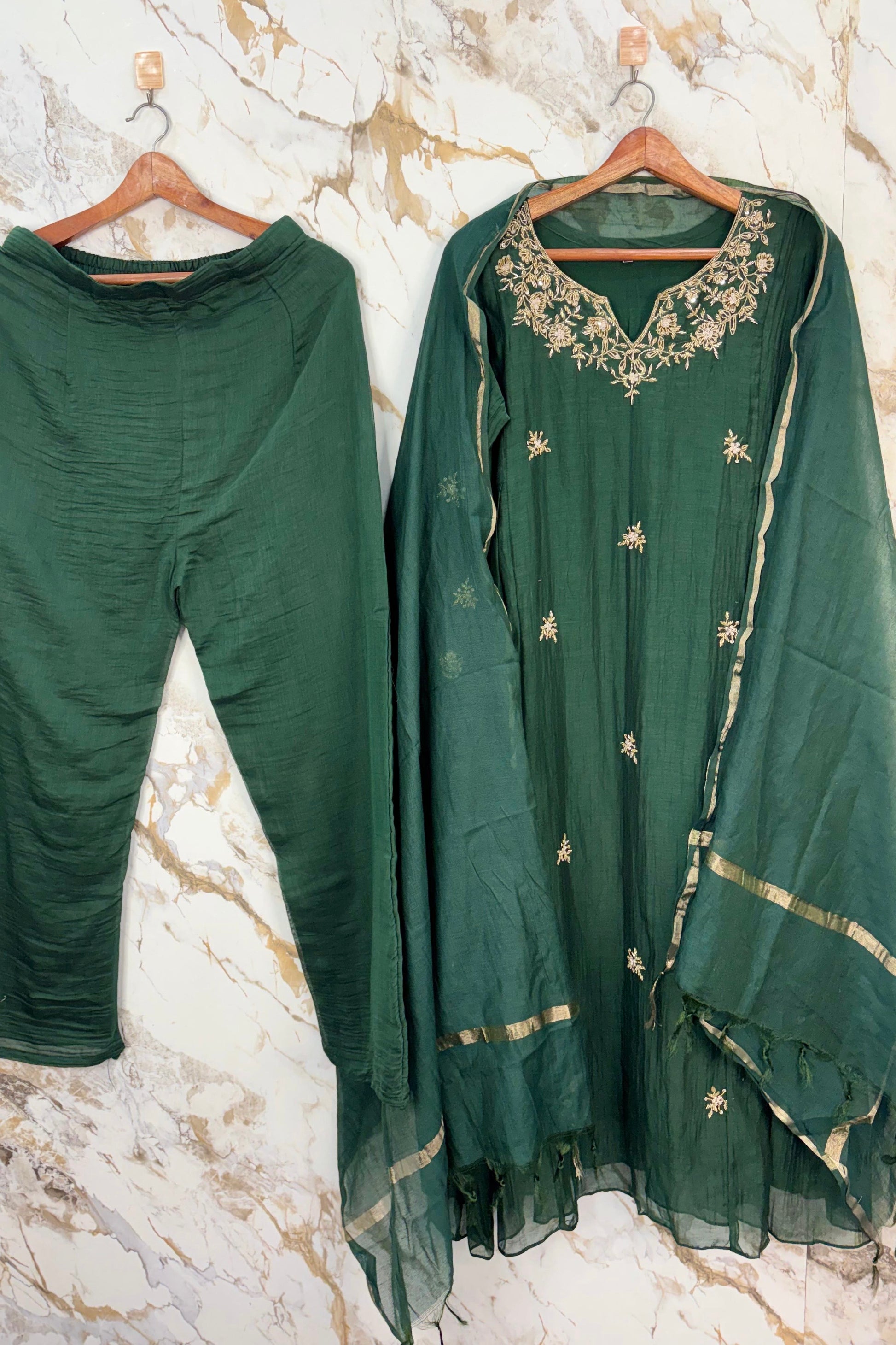 ✨Zoe - Premium Bottle Green Mul Chanderi A Line Kurta Set ✨