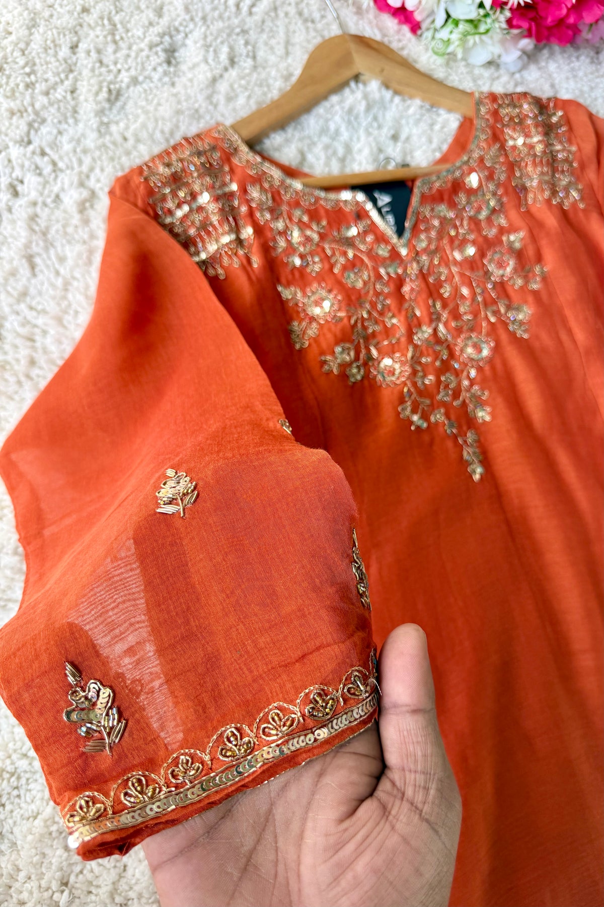 ✨Daisy - Premium Ornage Mul Chanderi A-Line Anarkali Kurta set