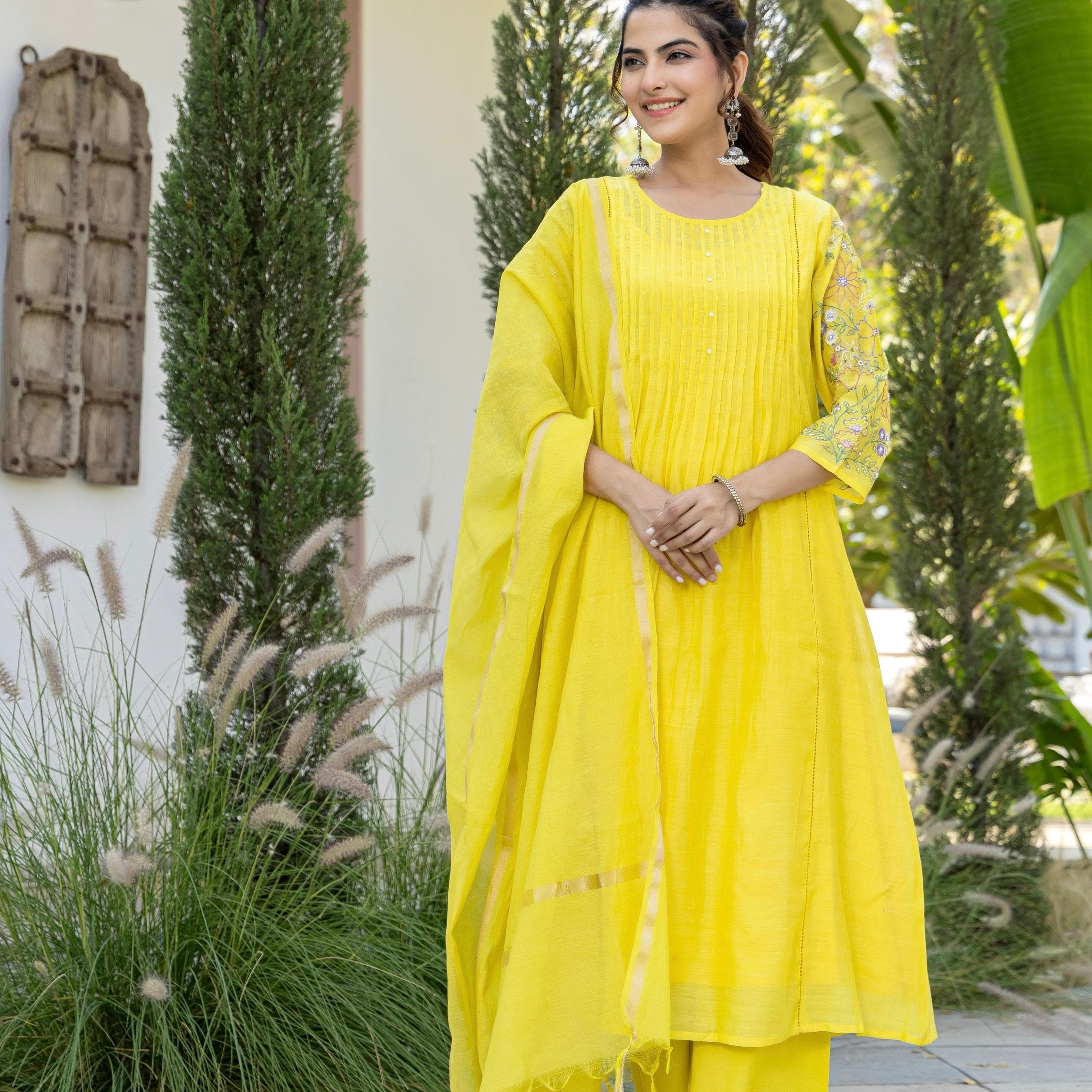 “Aanya” Bright Yellow Mul Chanderi Handwork Anarkali suit set