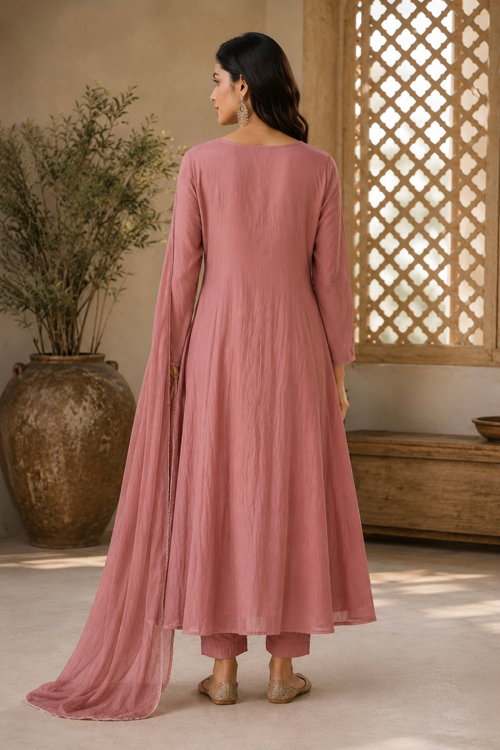 “Elina” Blossom Pink Crushed Chanderi A Line Suit set 🛍️
