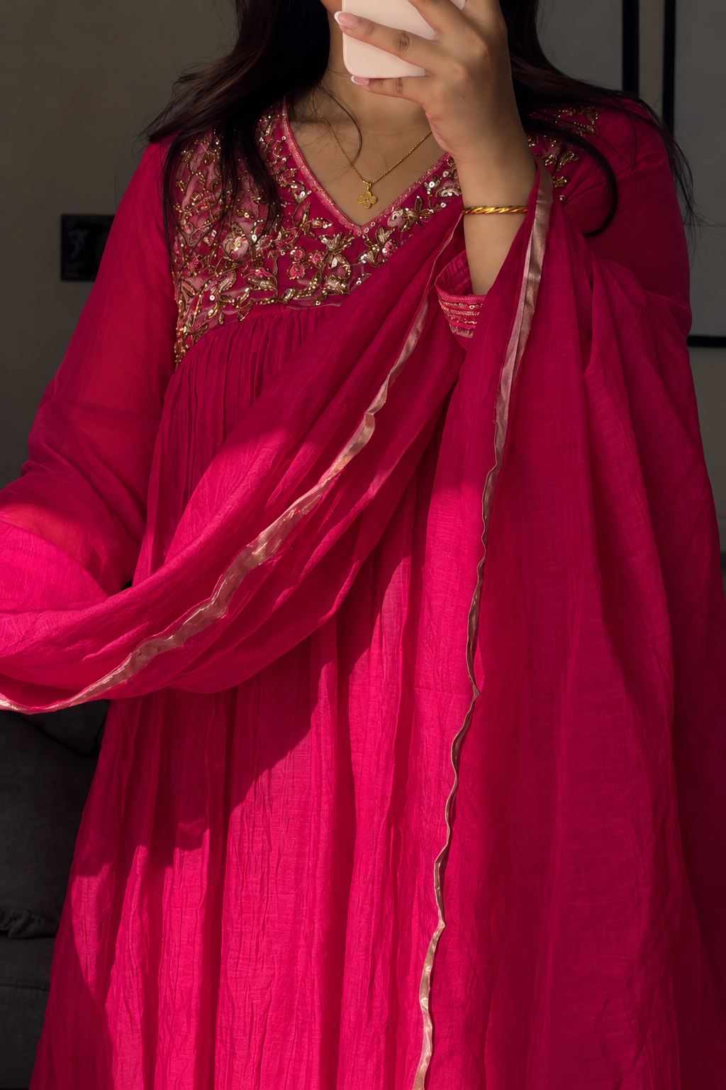✨”Mahek-Megenta Pink Mul Chanderi A-Line Kurta Set✨