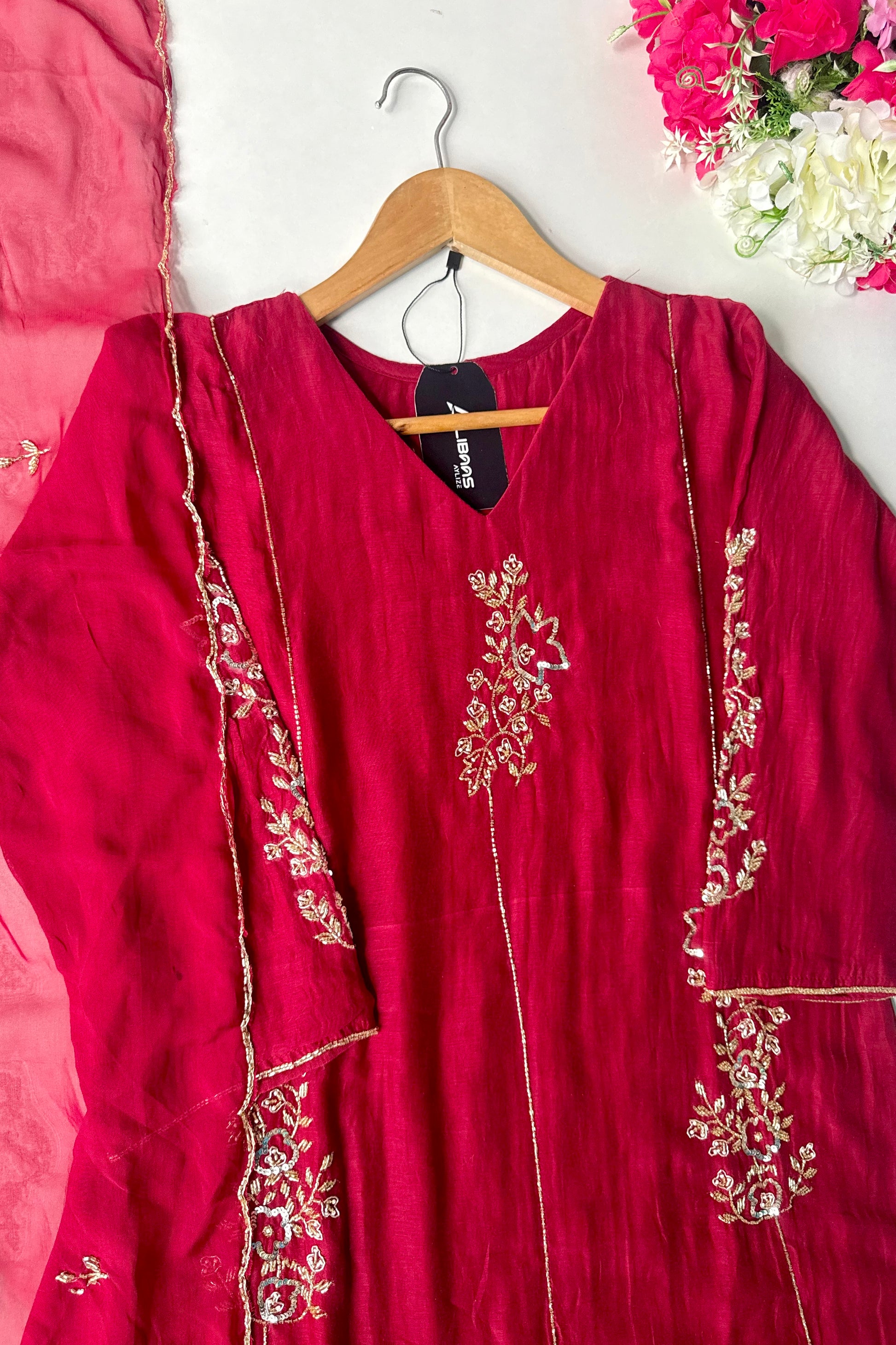 ✨”Rida - Premium Red Mul Chanderi A-Line Kurta Set