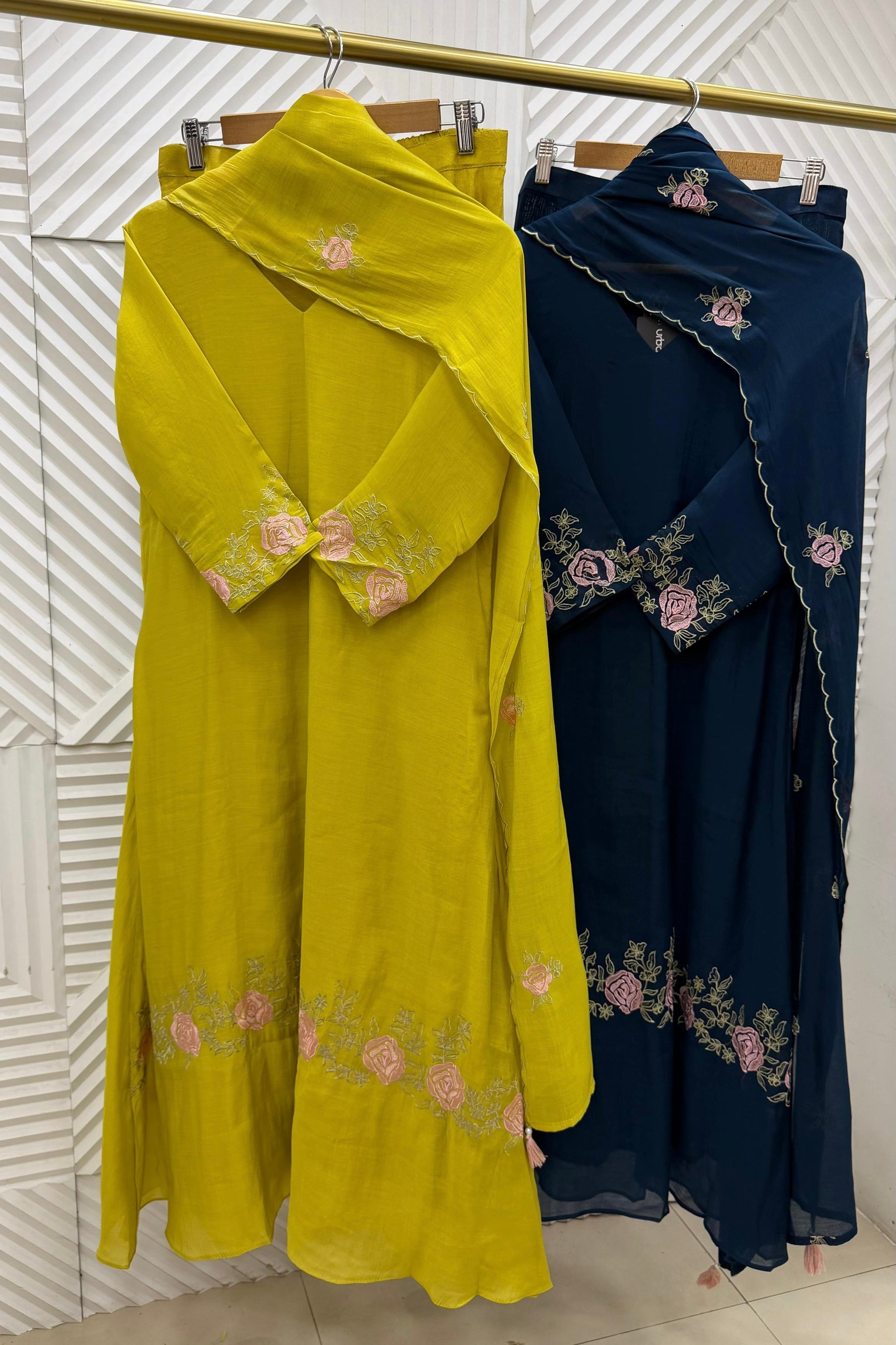 ✨Ay05- Mul Chanderi Embroidered Work A Line Kurta Set