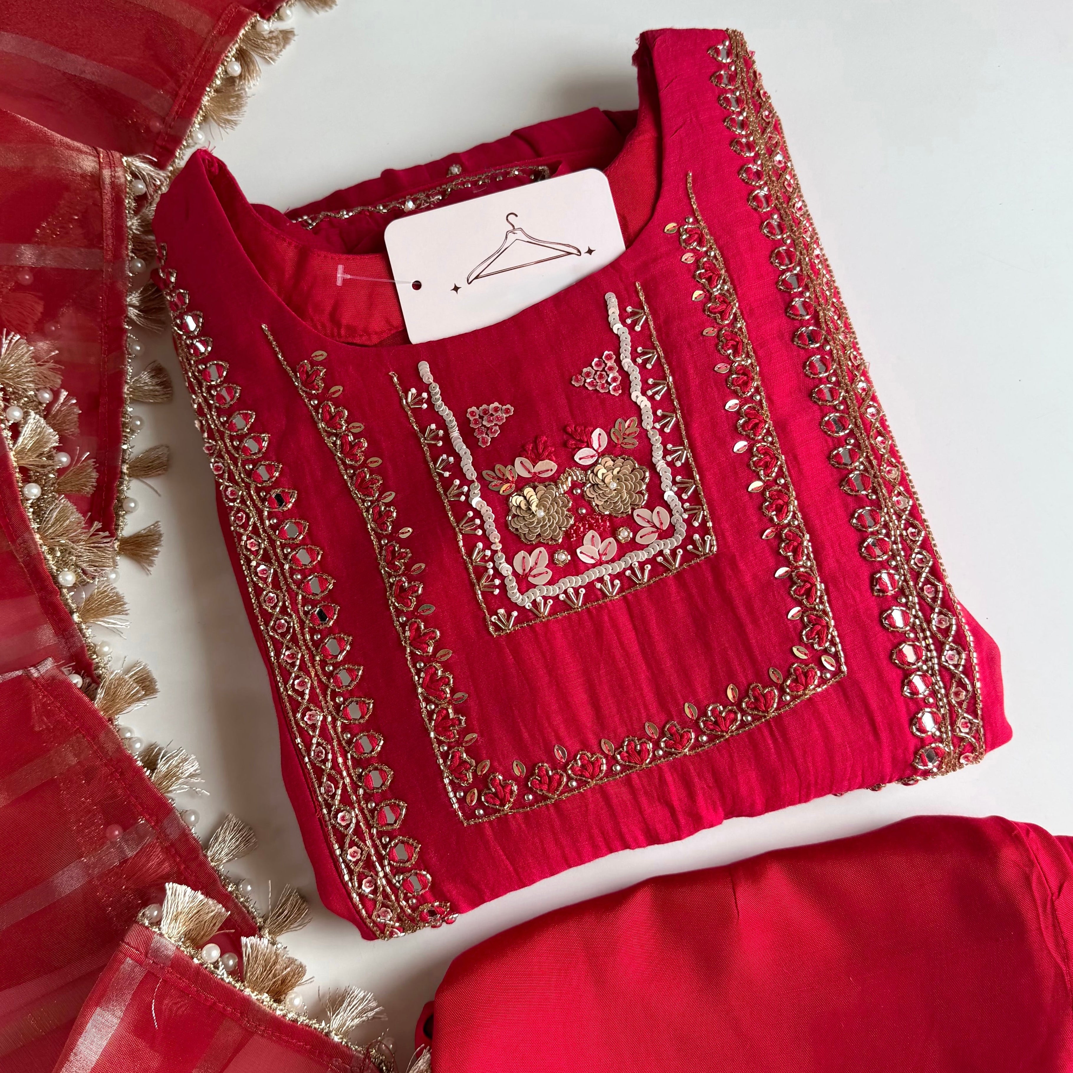 ✨”Noor - Premium Red Mul Chanderi A-Line Kurta Set