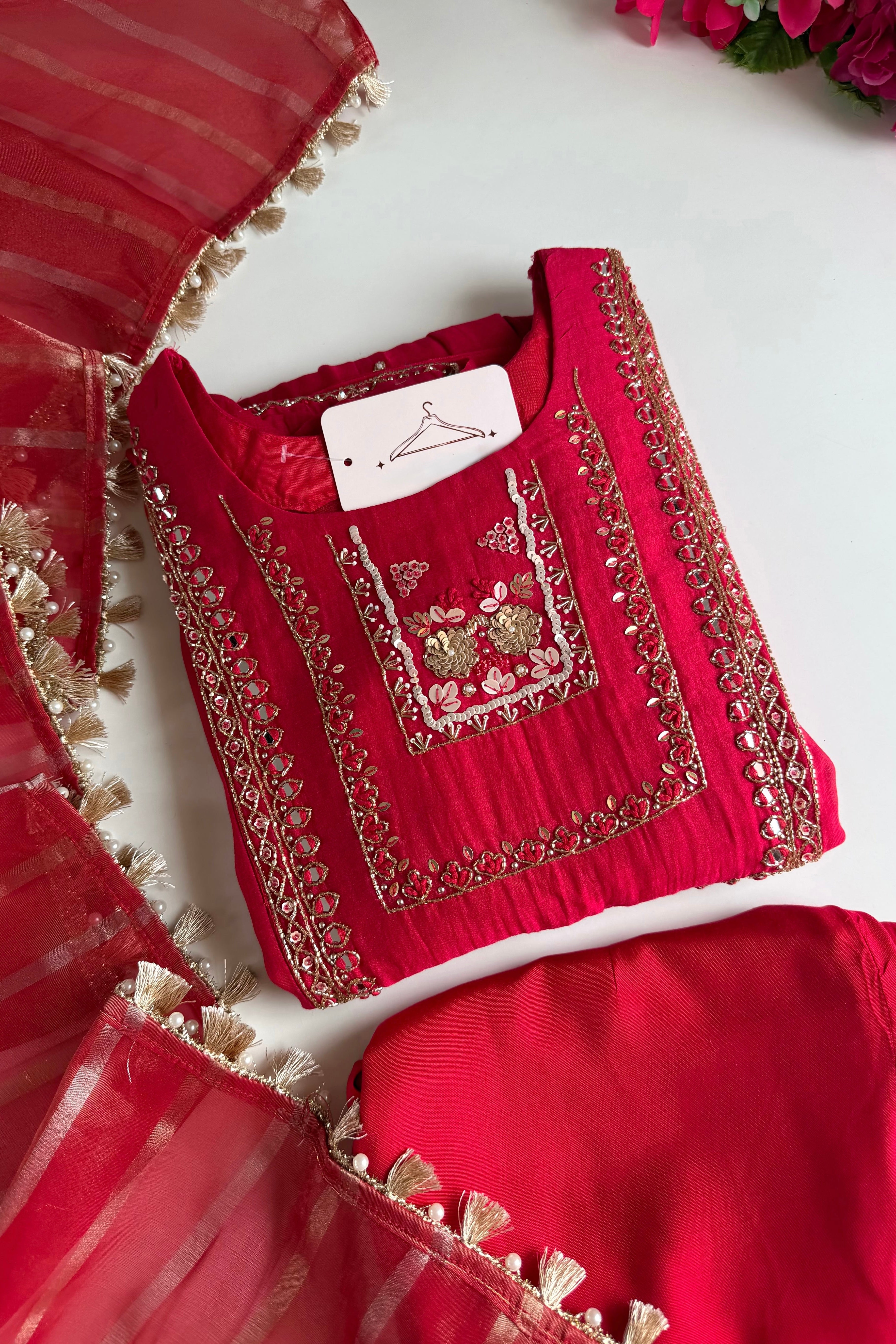 ✨”Noor - Premium Red Mul Chanderi A-Line Kurta Set