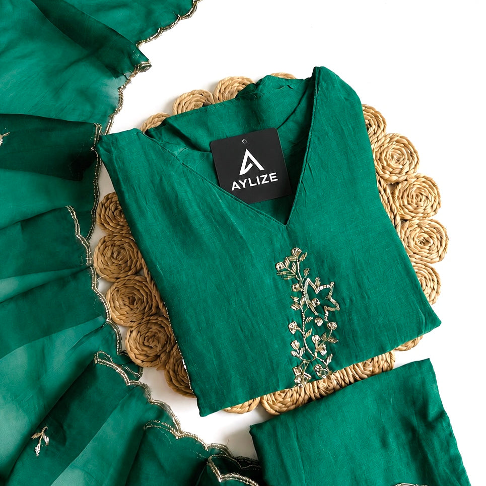 ✨”Rida - Premium Green Mul Chanderi A-Line Kurta Set
