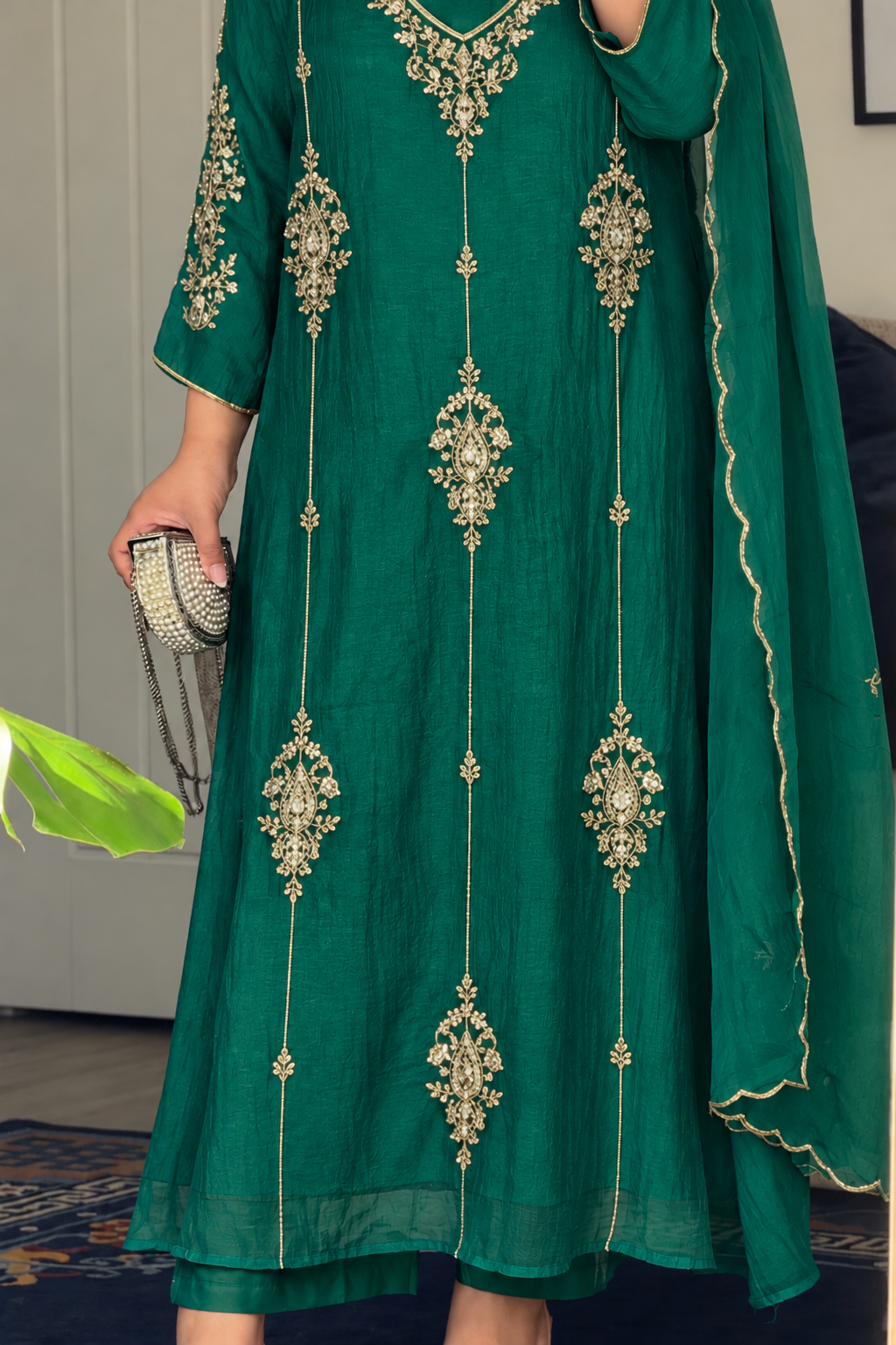 ✨Rida - Diwali Special Green  Mul Chanderi A-Line Kurta Set