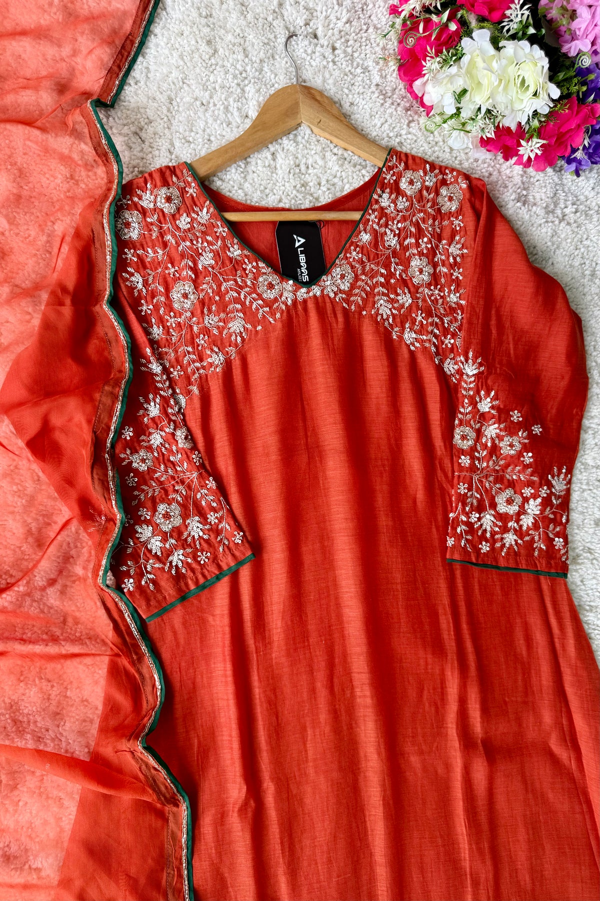 ✨Myra - Premium Orange Mul Chanderi A-Line Anarkali Kurta set