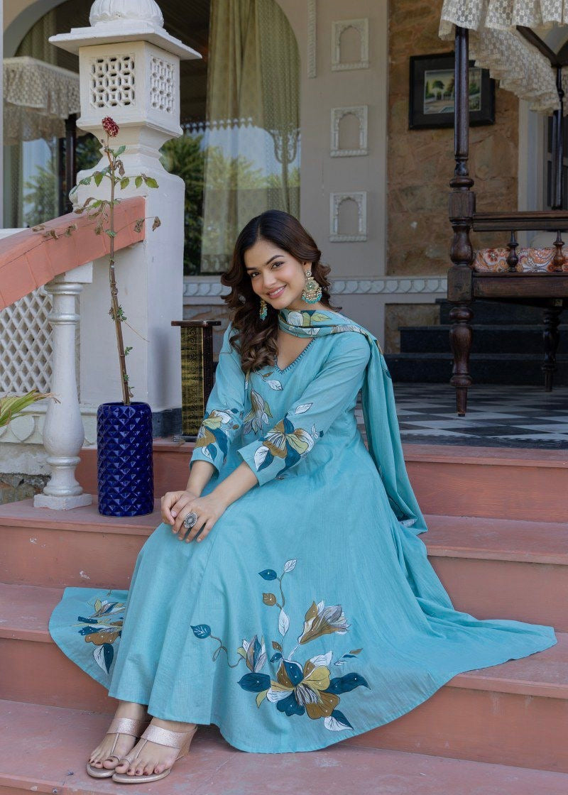 “Zoey” Premium Mulmul Hand brush print Anarkali suit