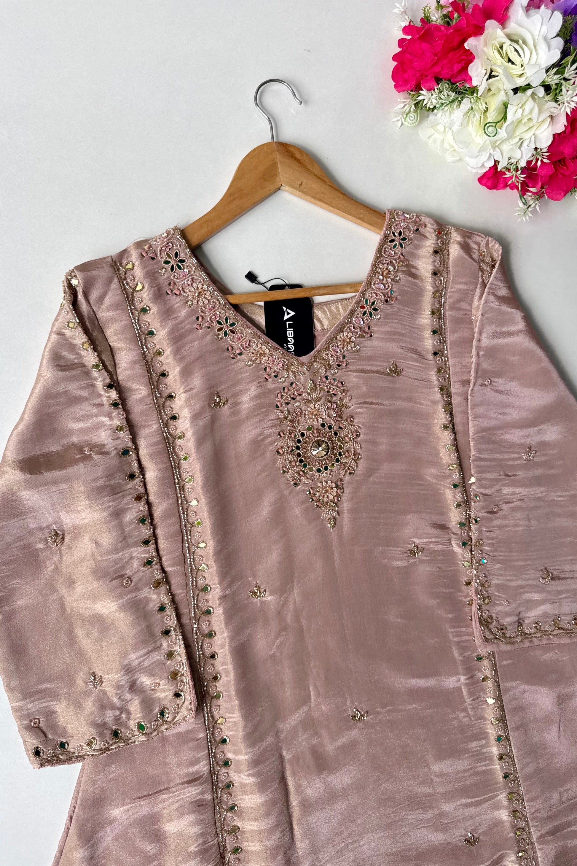✨Pearl – Premium Blush Mirror Work Tissue A Line Kurta Set