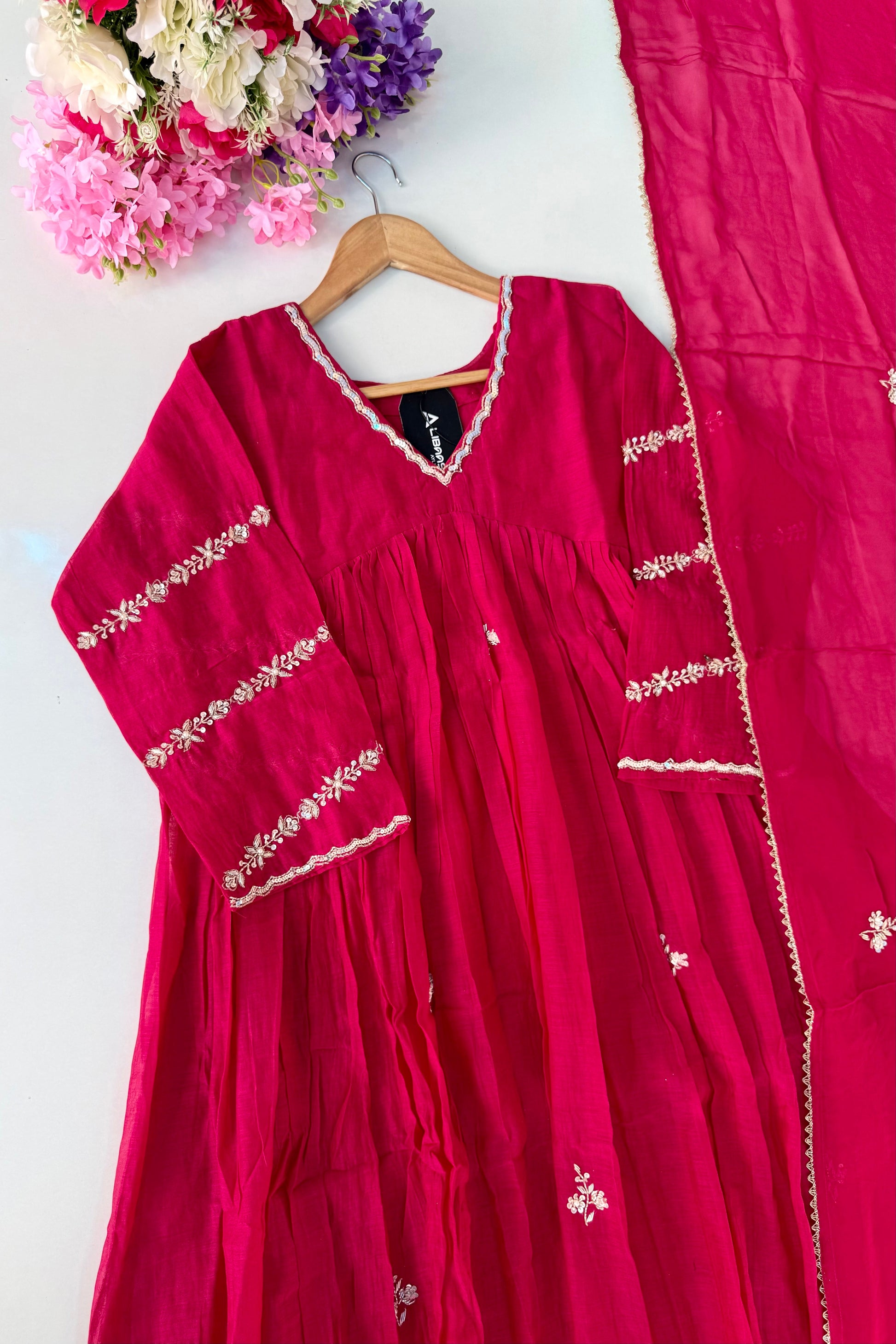 ❤️Princess – Premium Pink Mul Chanderi A Line Kurta Set