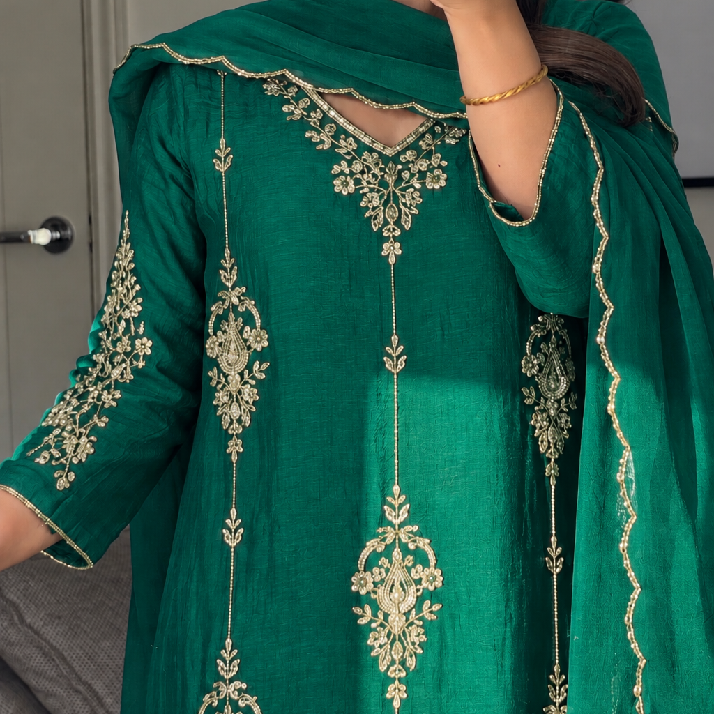 ✨Rida - Diwali Special Green  Mul Chanderi A-Line Kurta Set