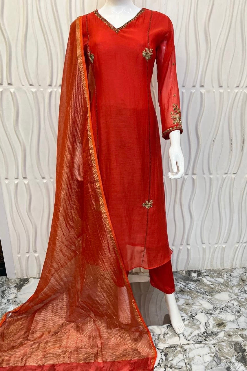 “Aavya” Premium Rust Orange Mul Chanderi A-Line Suit 💕
