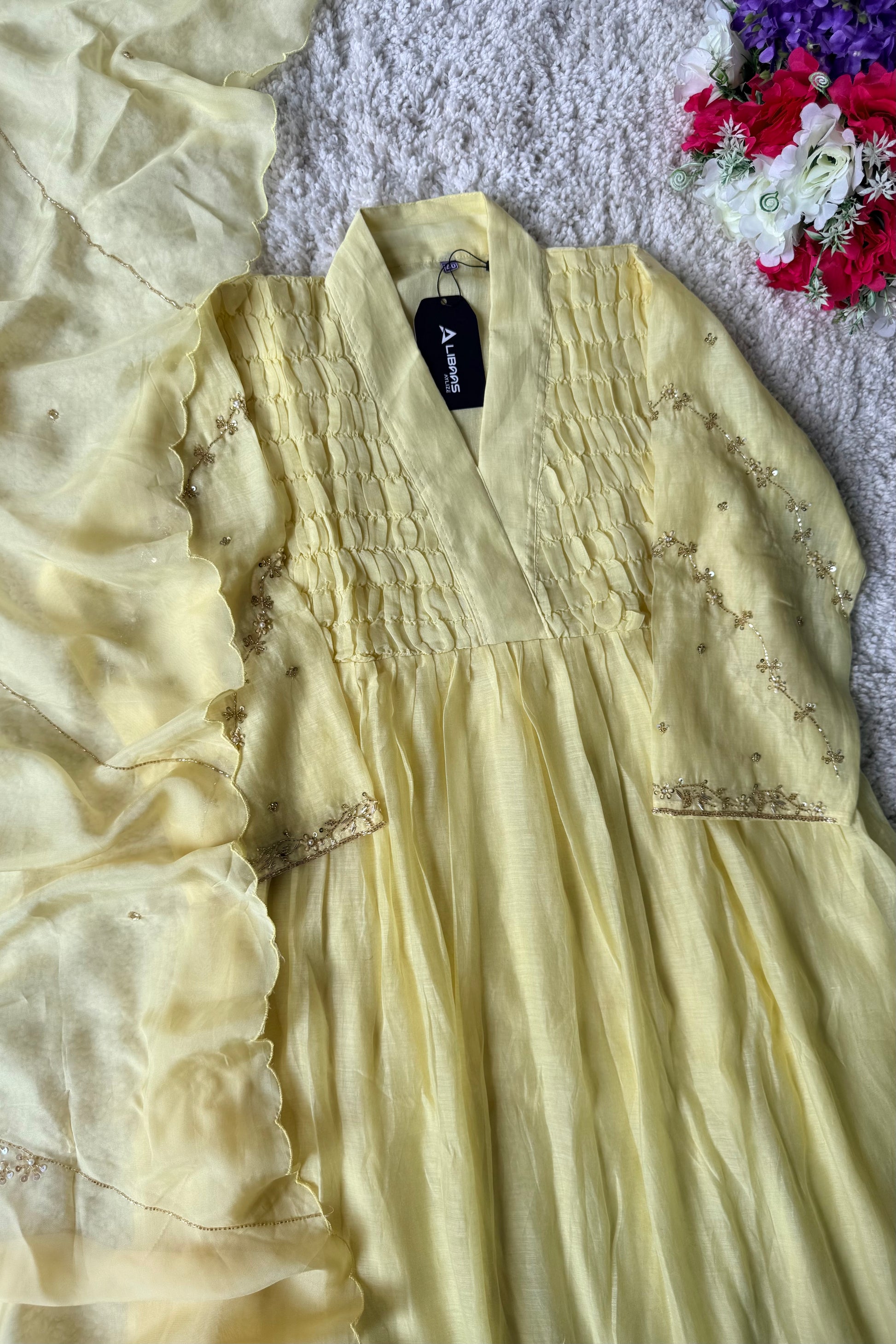 ✨Umang- Premium Yellow Mul Chanderi Anarkali Kurta Set