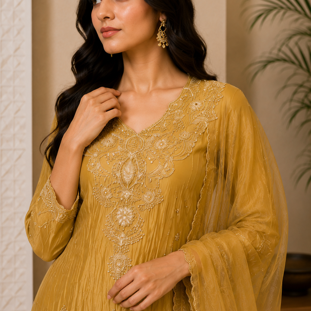 ✨Abeer Gold – Designer Gold Glass Tissue Kurta Set