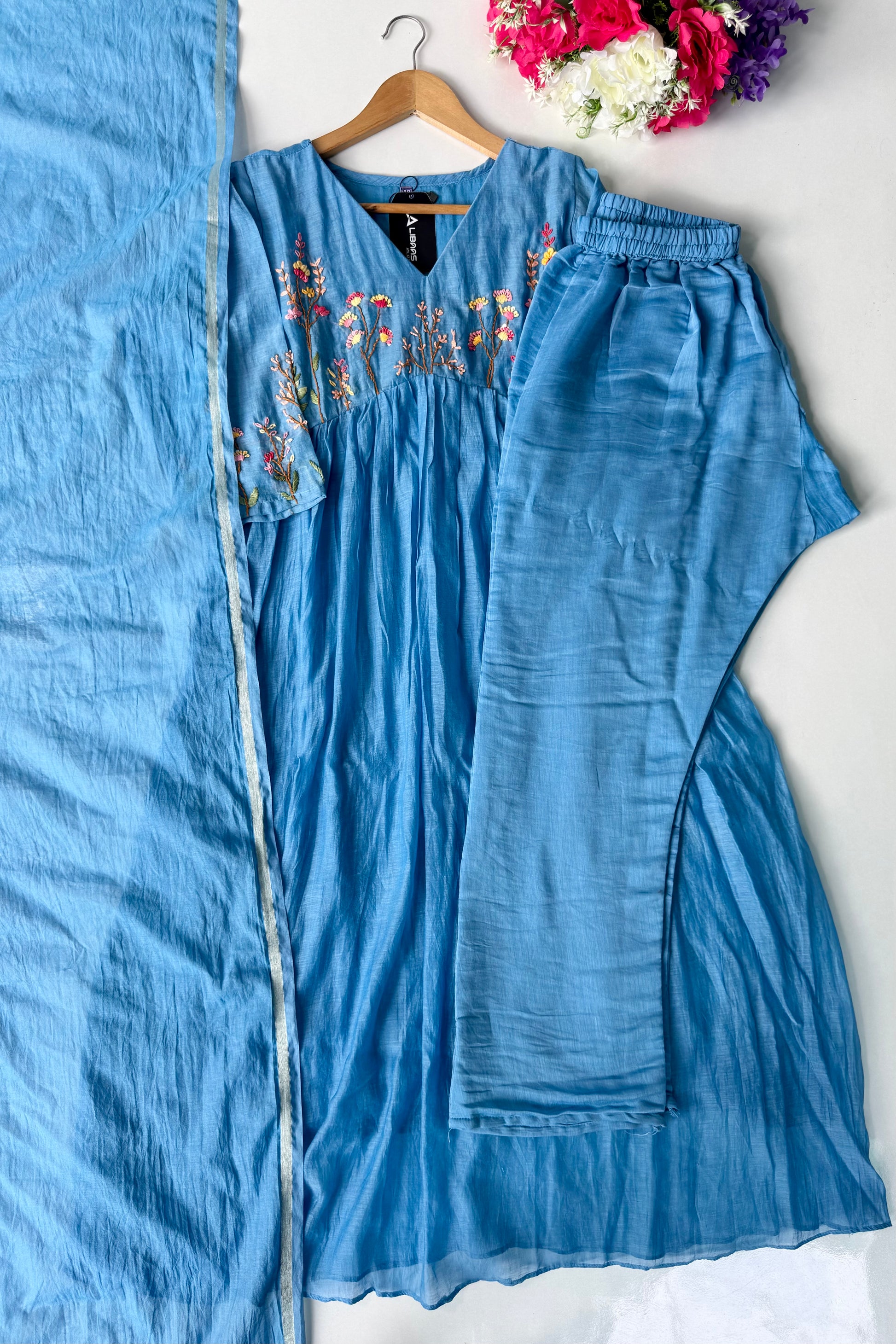 💙AYRA- Azure Blue Mul Chanderi Thread Work Anarkali Kurta Set