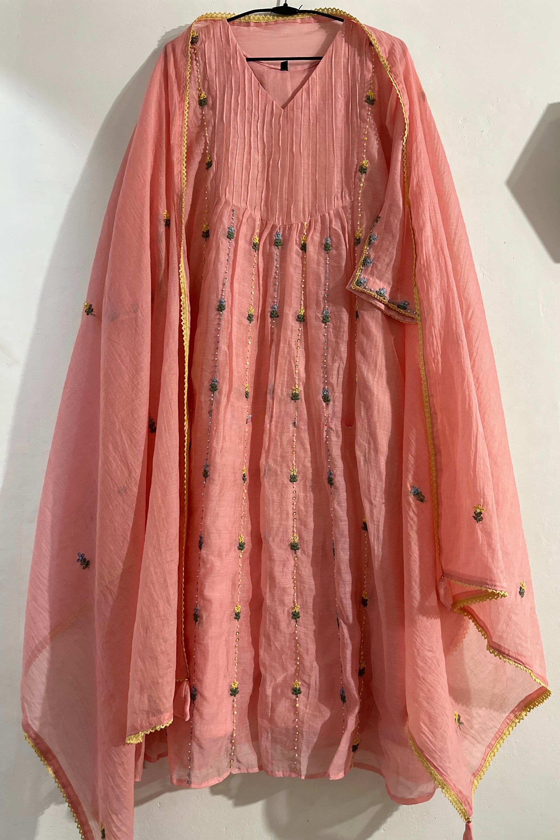 ✨”Sunshine– Premium Blush Pink Banaras Mul Chanderi A-Line Suit
