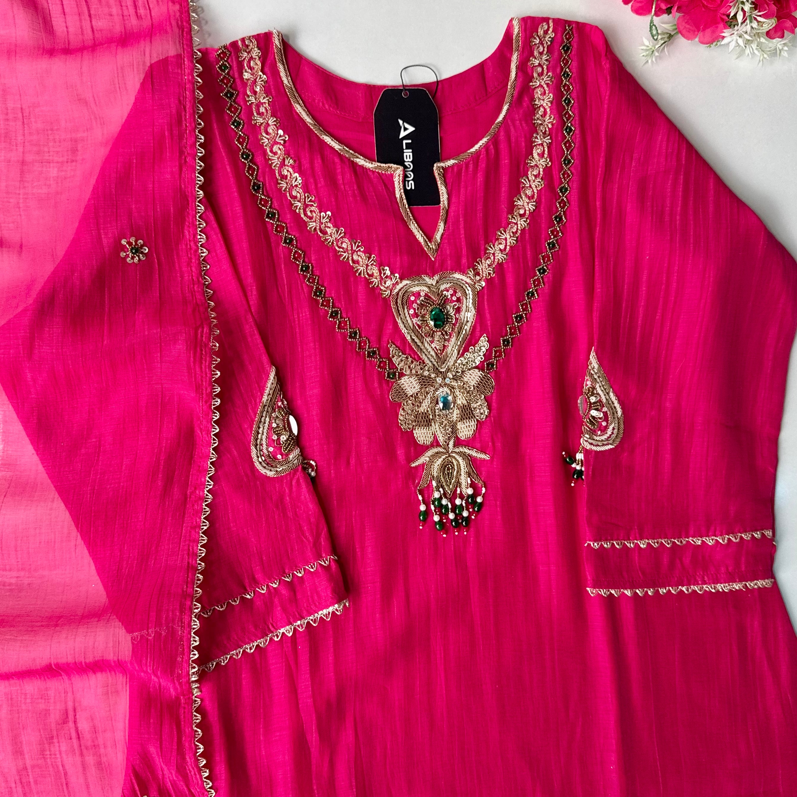 ✨”Falak - Premium Royal Pink Mul Chanderi A-Line Kurta Set