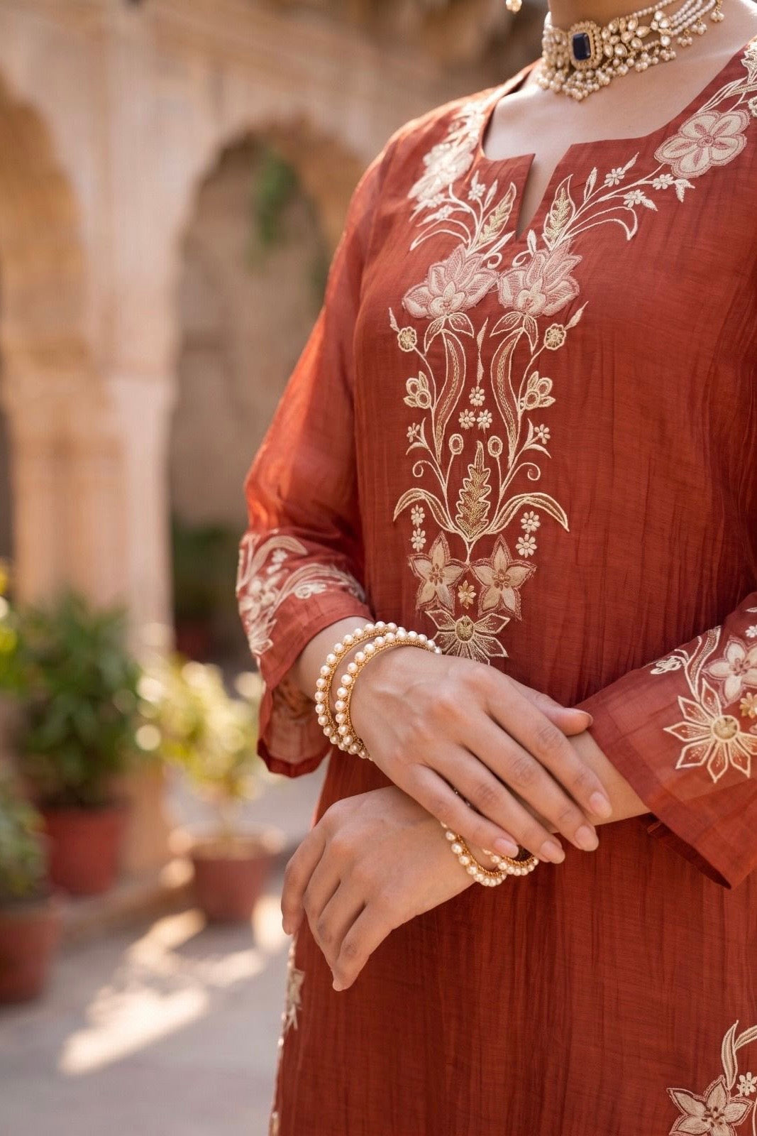 ✨Navira - Rust Banaras mul chanderi Embroidered Straight Kurta Set