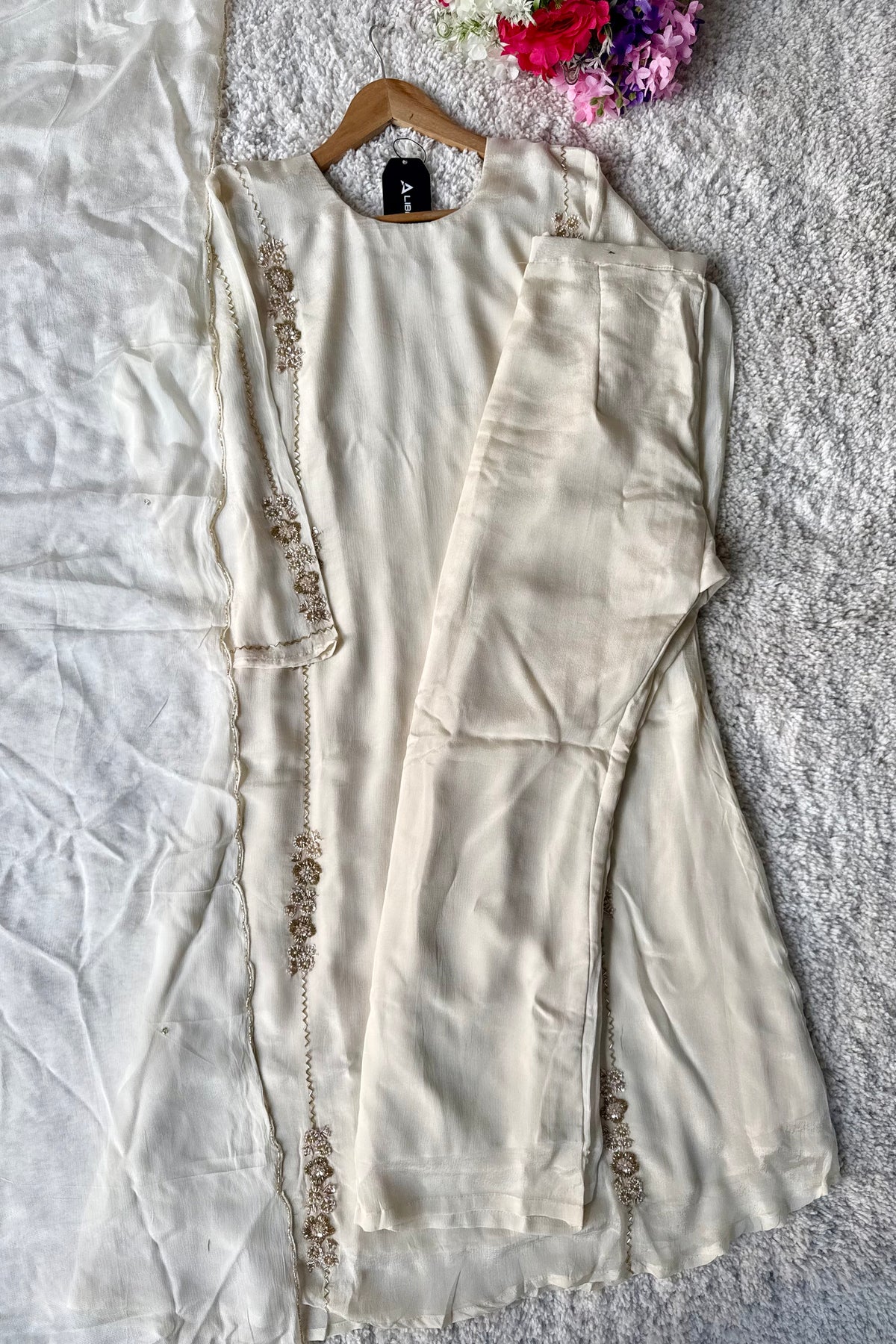 ✨Amara -Introducing Cream Heavy Handwork Chinnon A Line Suit