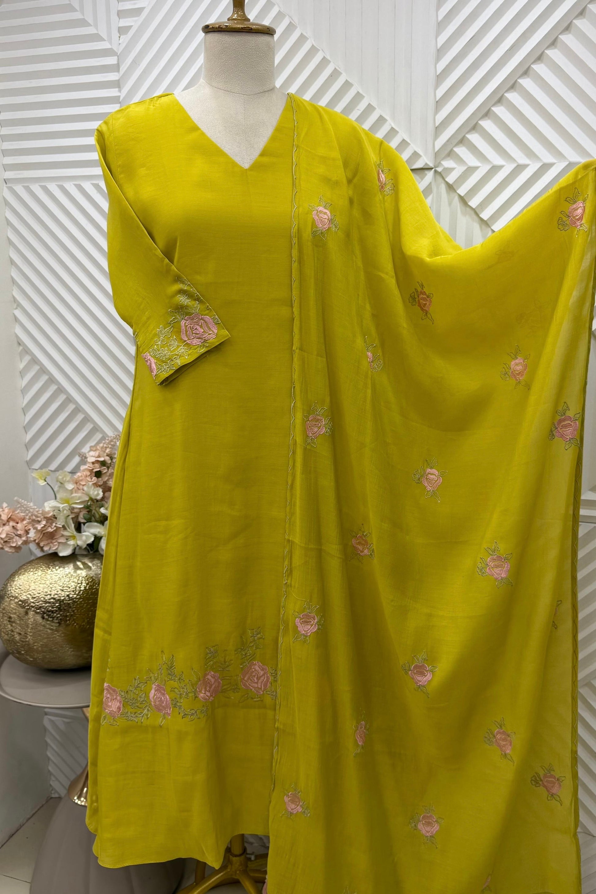 ✨Ay05- Pre book Mul Chanderi Embroidered Work A Line Kurta Set