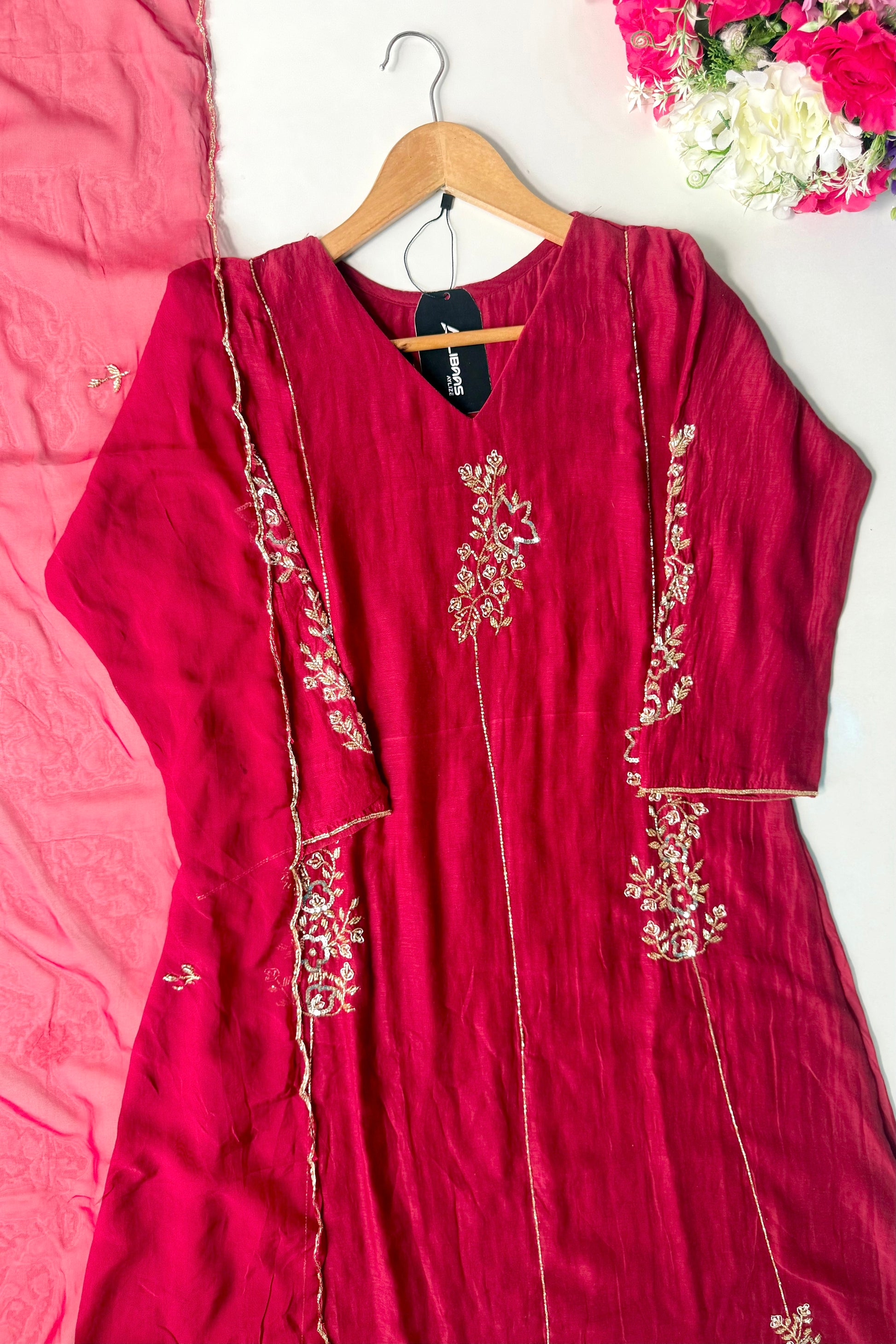 ✨”Rida - Premium Red Mul Chanderi A-Line Kurta Set