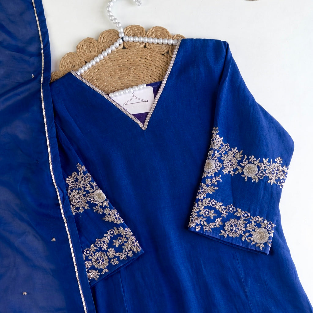 💙”Magic- Party Wear Royal Blue Mul Chanderi A Line Suit set 🛍️