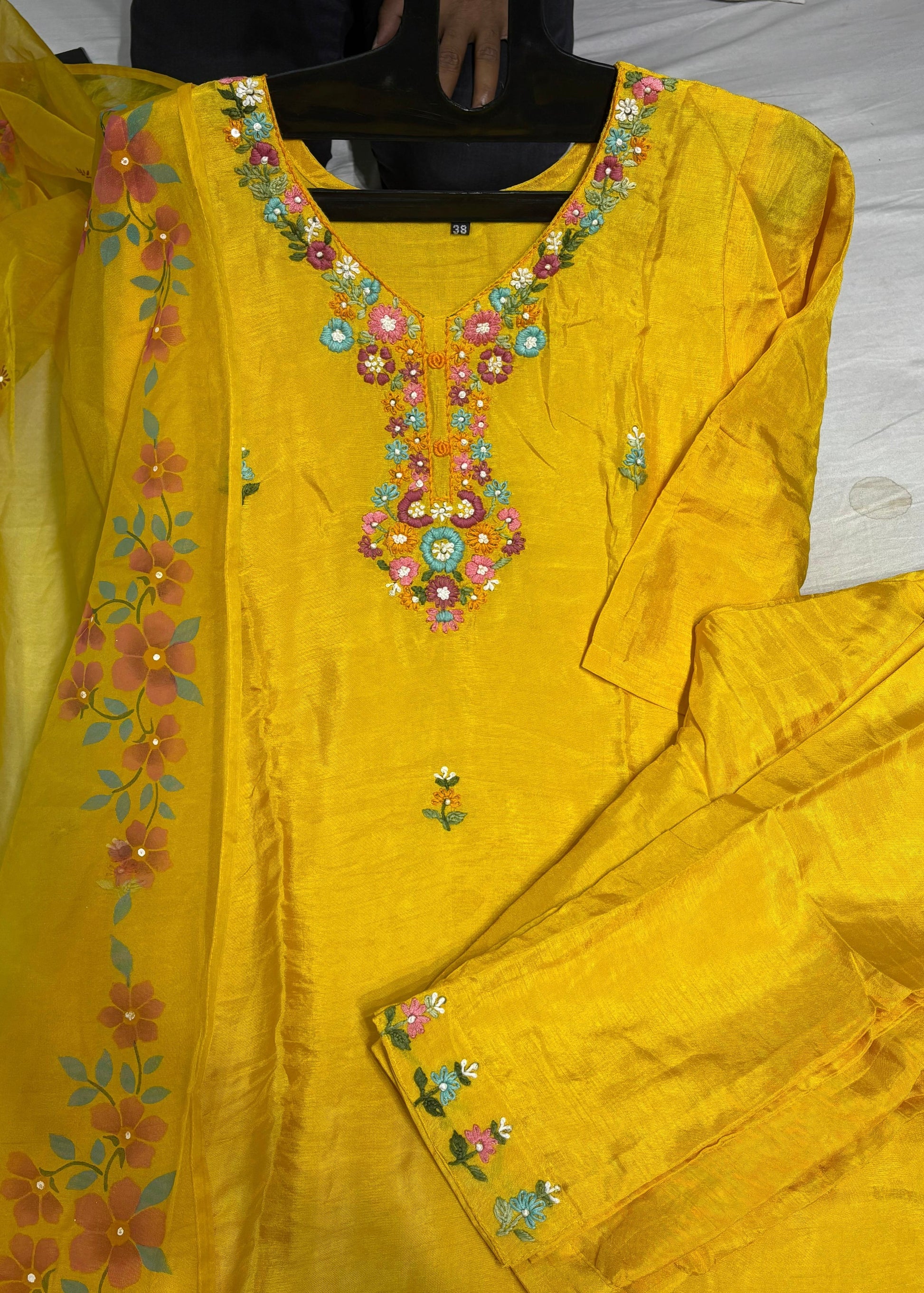 “Laya” Dola Silk Embroidered Suit Set with Printed Organza Dupatta