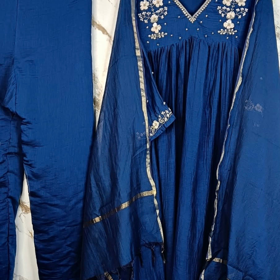 🛍️”Melody –  Premium Blue Banarsi Mul Chanderi A Line Suit
