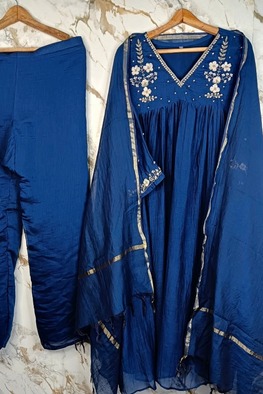 🛍️”Melody –  Premium Blue Banarsi Mul Chanderi A Line Suit